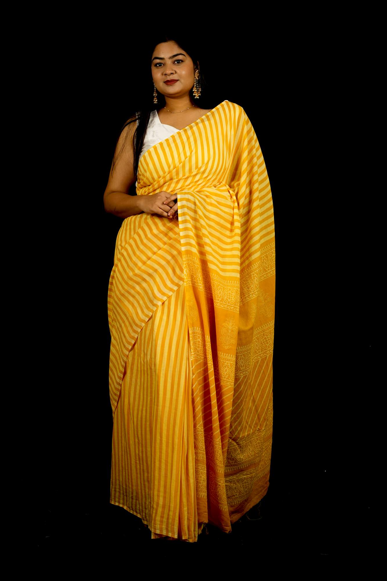Yellow & White Striped Mulmul Cotton Handloom Ready To Wear Saree