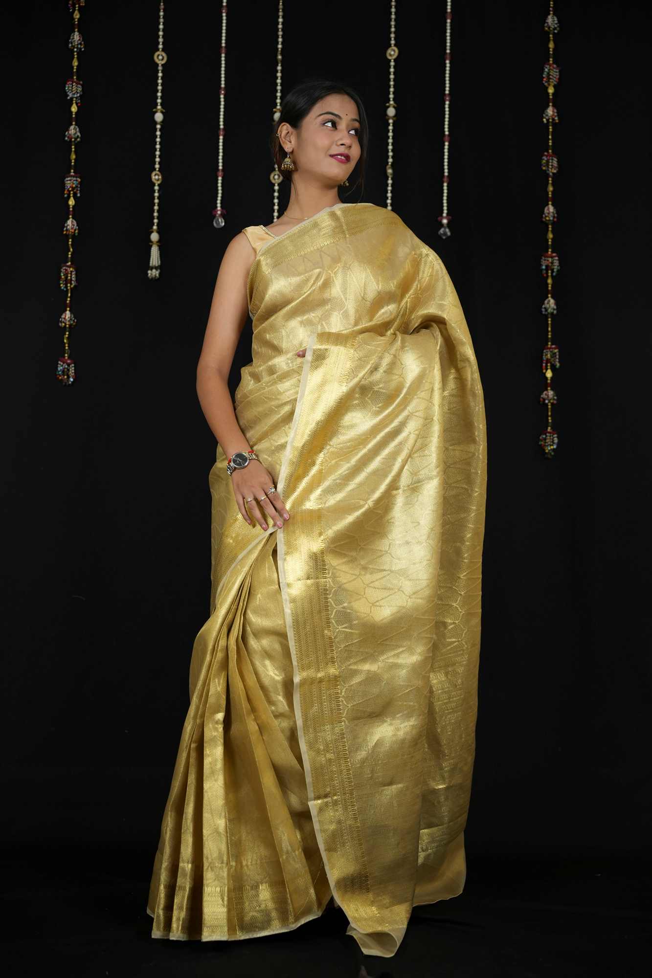 Golden Banarasi-Inspired Soft Tissue Silk Ready To Wear Saree