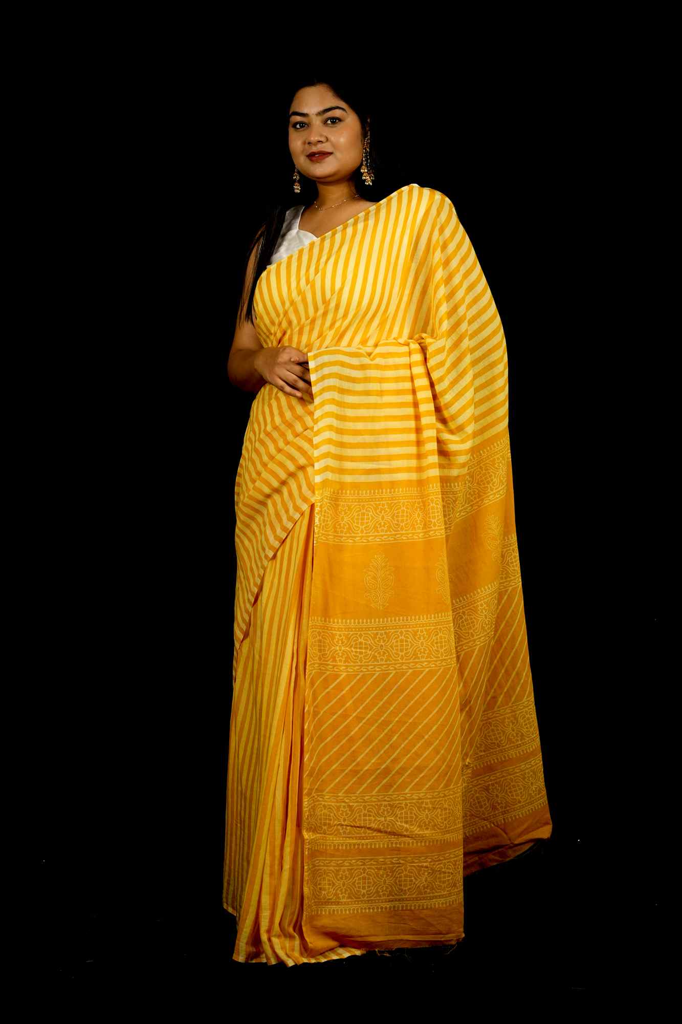 Yellow & White Striped Mulmul Cotton Handloom Ready To Wear Saree