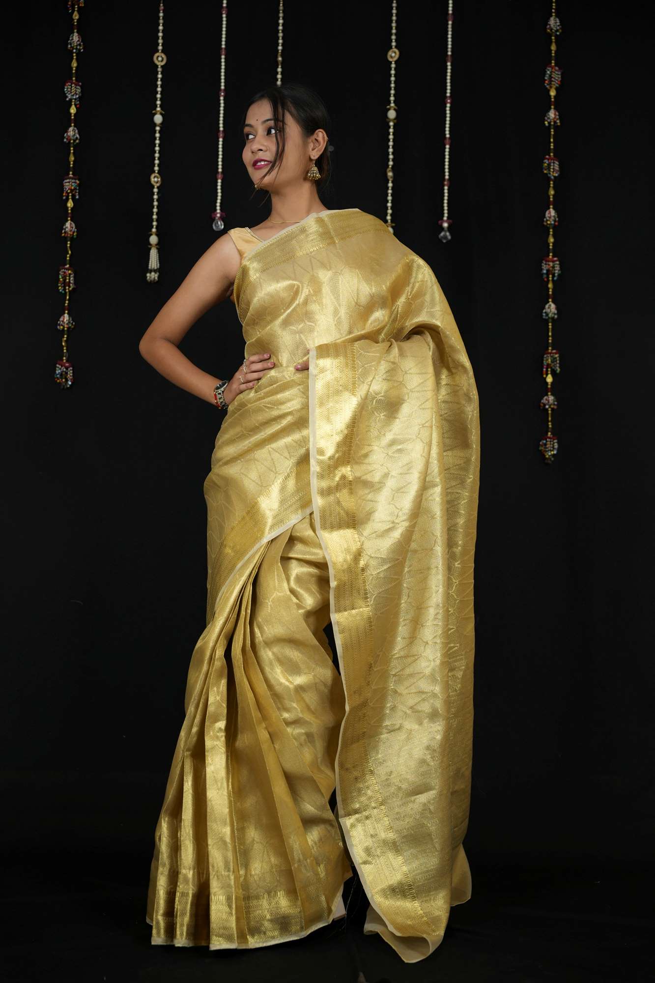 Golden Banarasi-Inspired Soft Tissue Silk Ready To Wear Saree