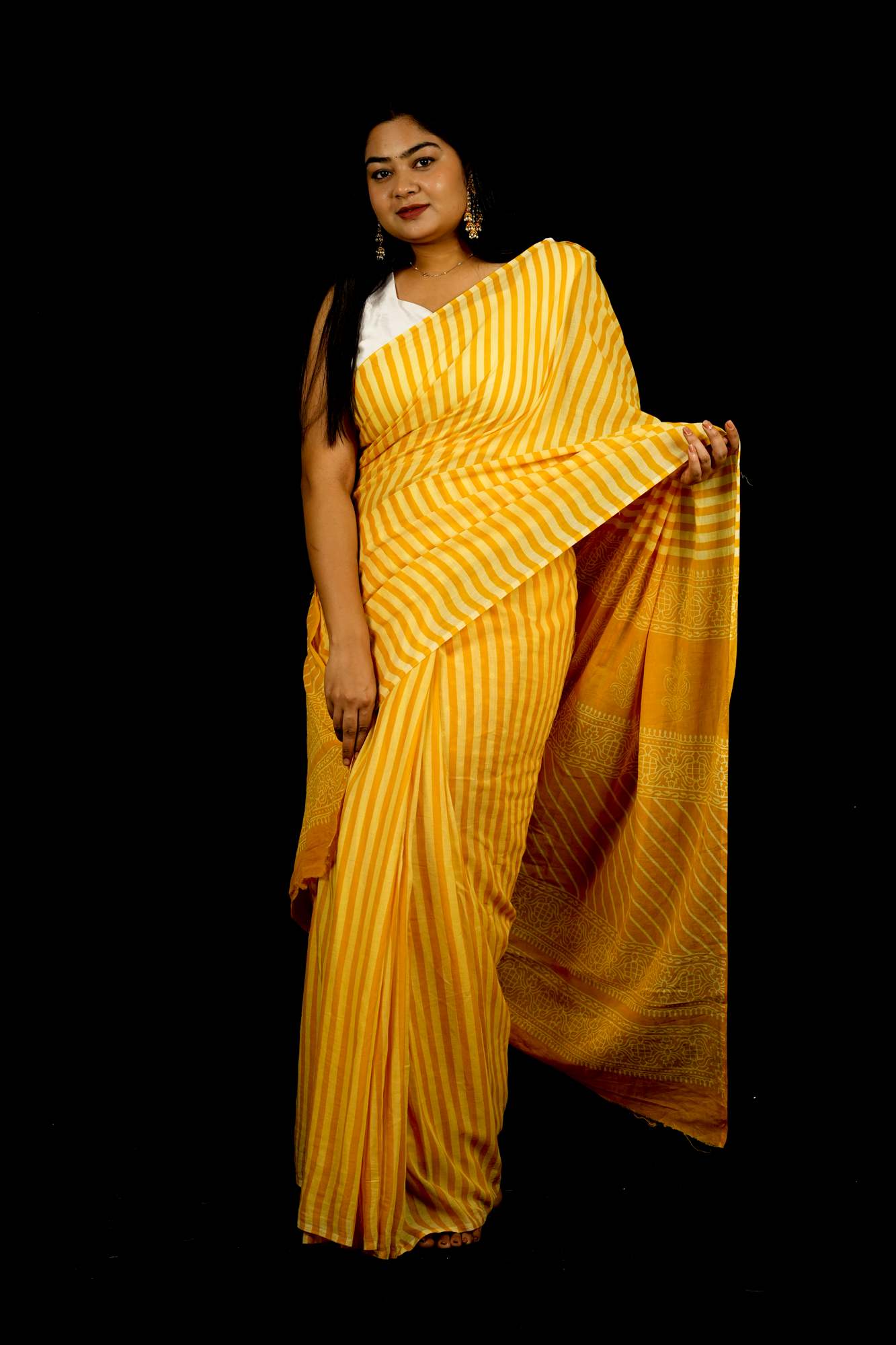 Yellow & White Striped Mulmul Cotton Handloom Ready To Wear Saree