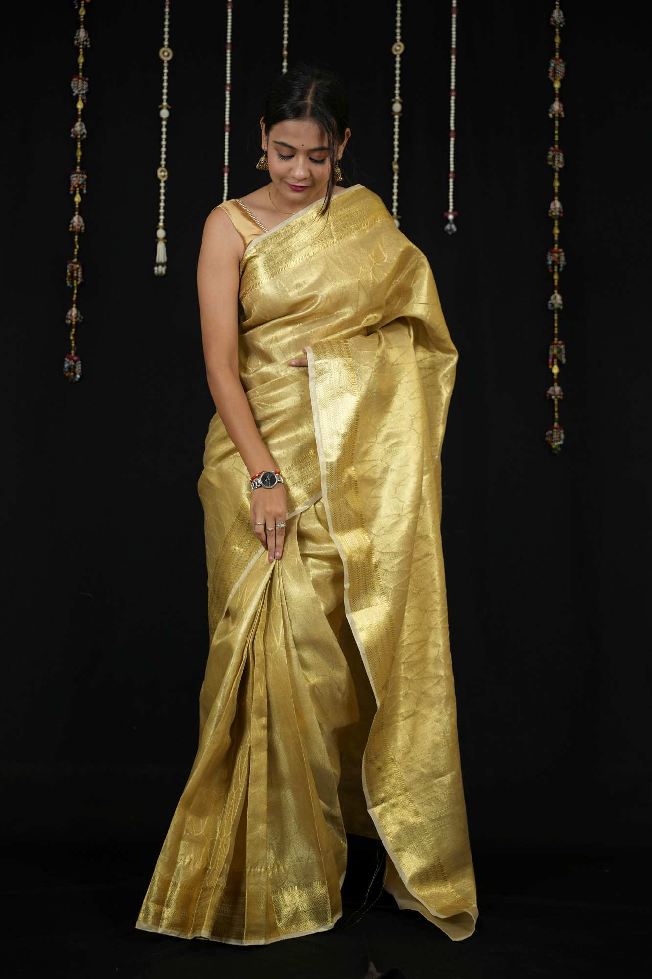 Golden Banarasi-Inspired Soft Tissue Silk Ready To Wear Saree