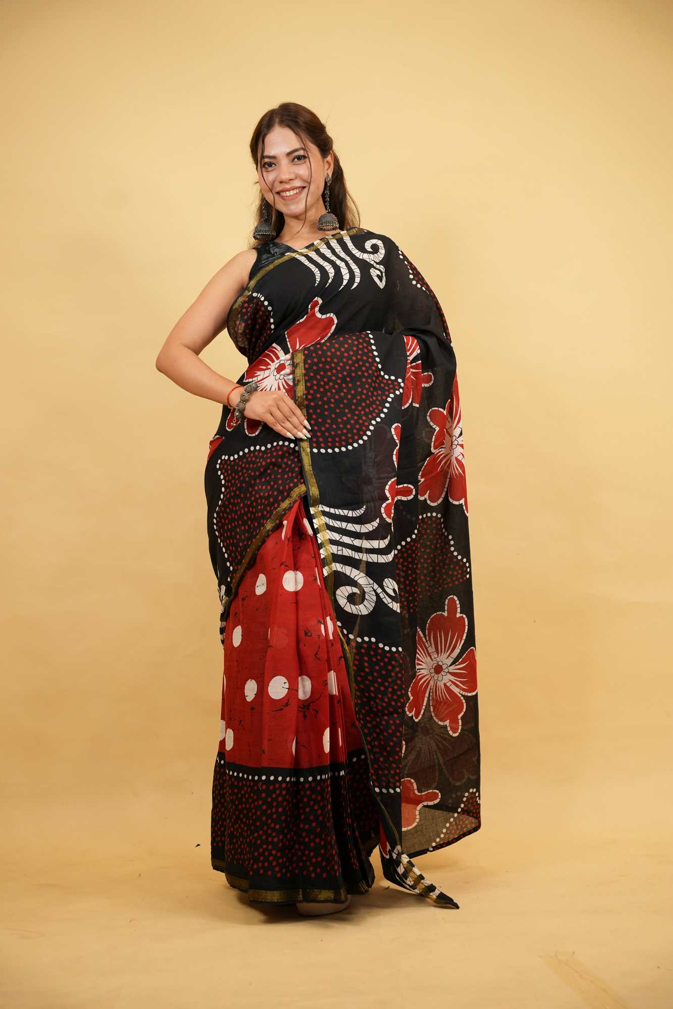 Cotton Batik Print in Black & Red with Floral Motifs Ready To Wear Saree