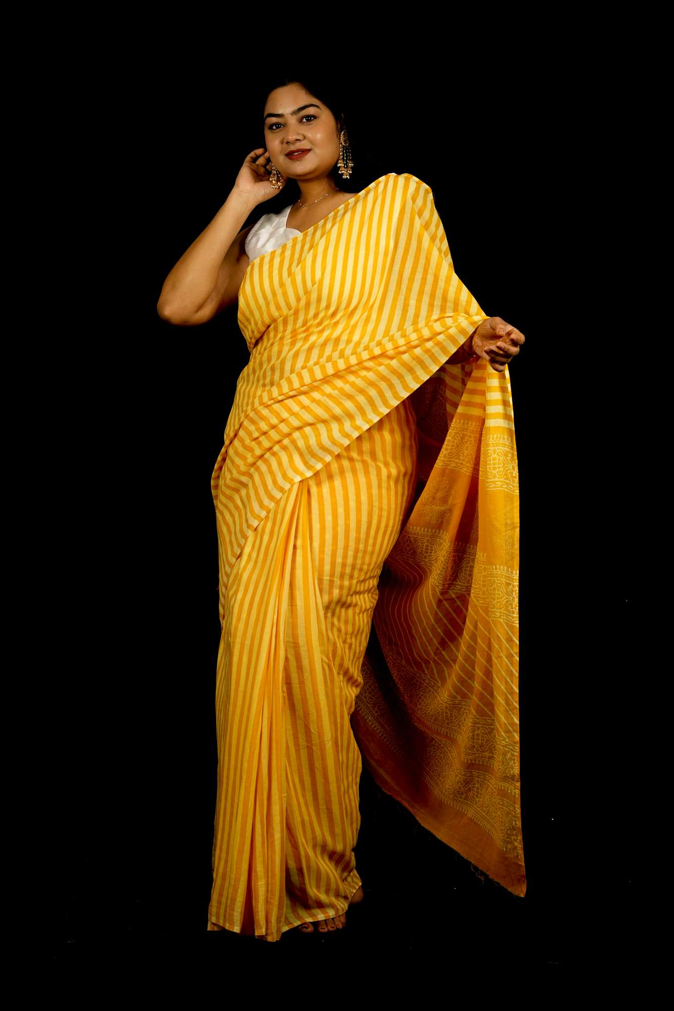 Yellow & White Striped Mulmul Cotton Handloom Ready To Wear Saree
