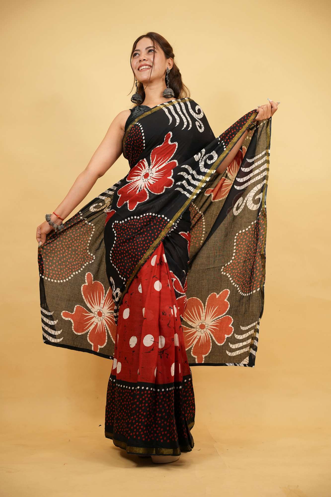 Cotton Batik Print in Black & Red with Floral Motifs Ready To Wear Saree