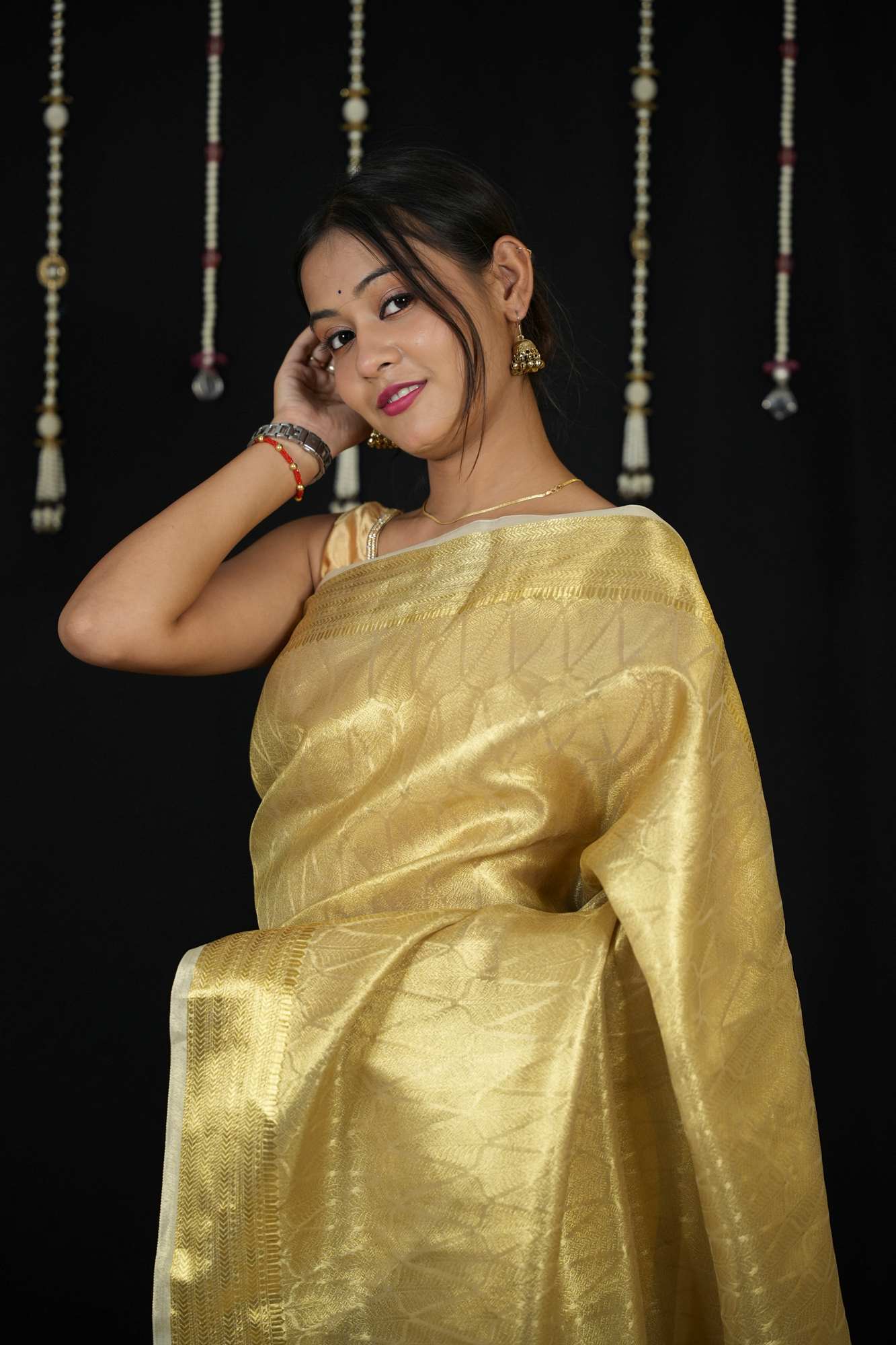 Golden Banarasi-Inspired Soft Tissue Silk Ready To Wear Saree