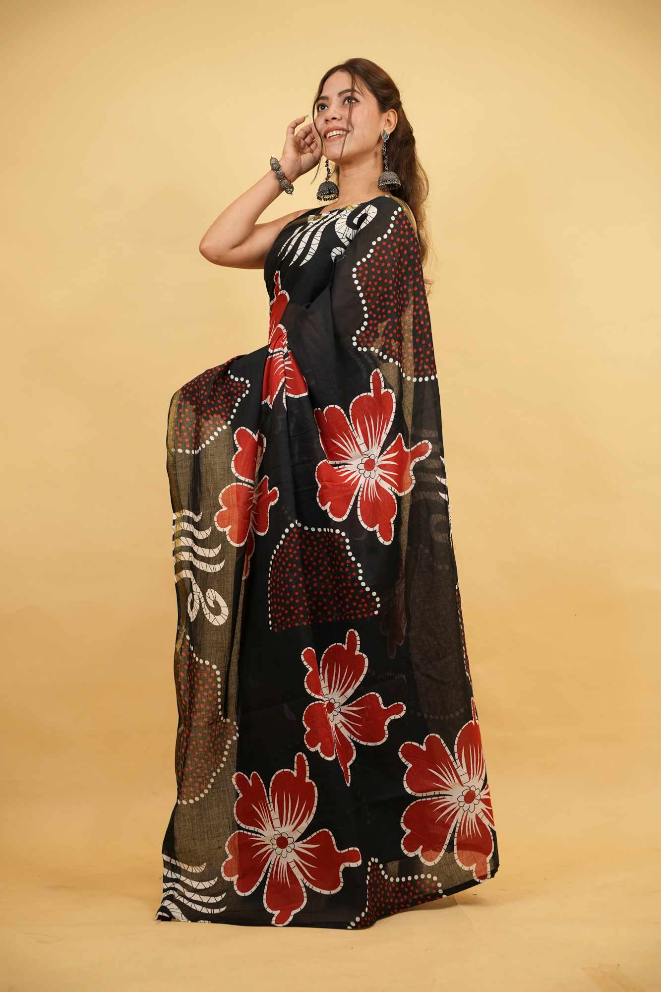 Cotton Batik Print in Black & Red with Floral Motifs Ready To Wear Saree