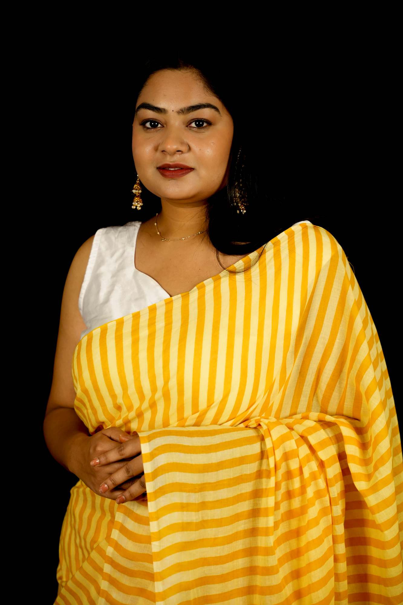 Yellow & White Striped Mulmul Cotton Handloom Ready To Wear Saree