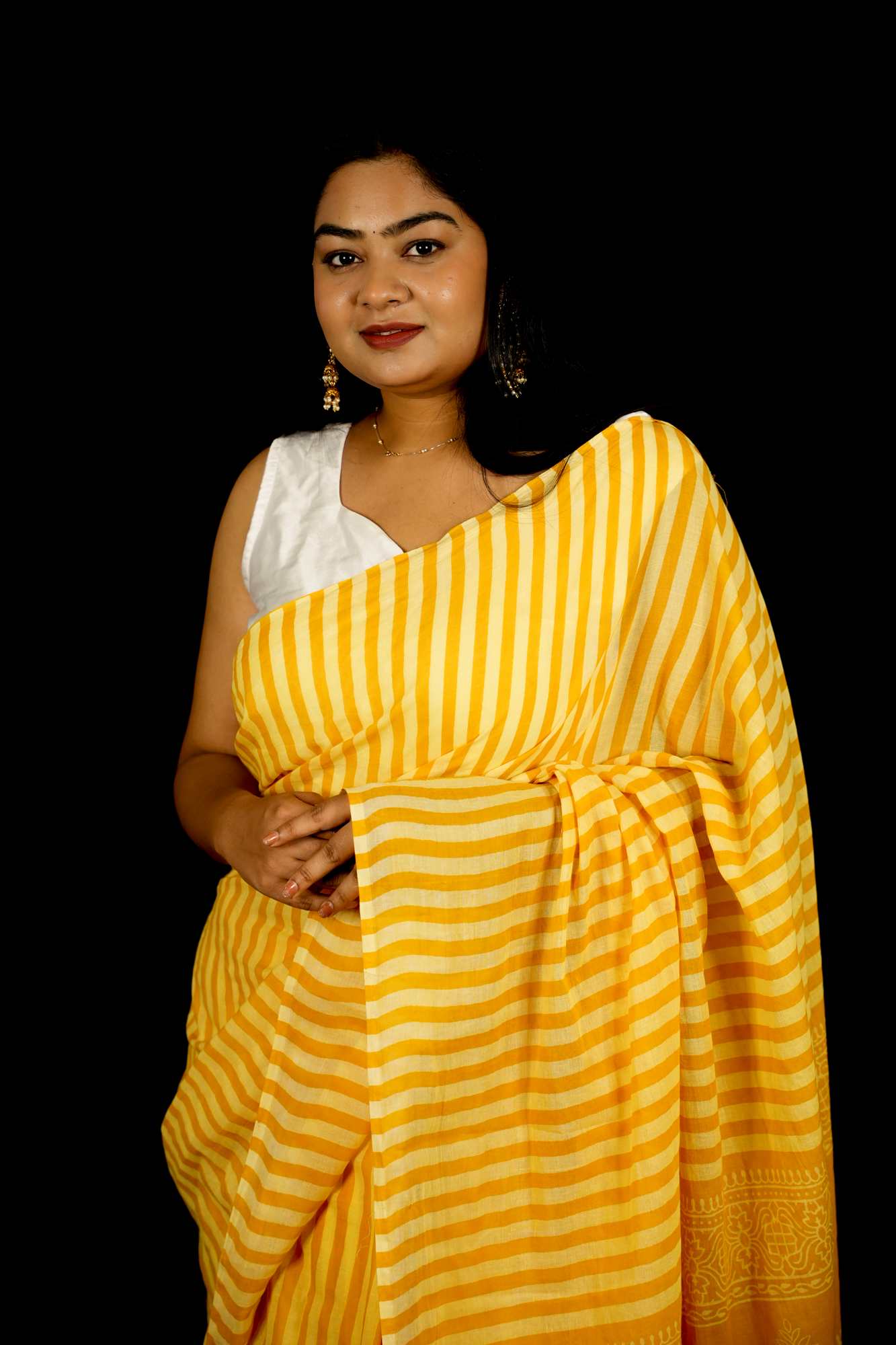 Yellow & White Striped Mulmul Cotton Handloom Ready To Wear Saree