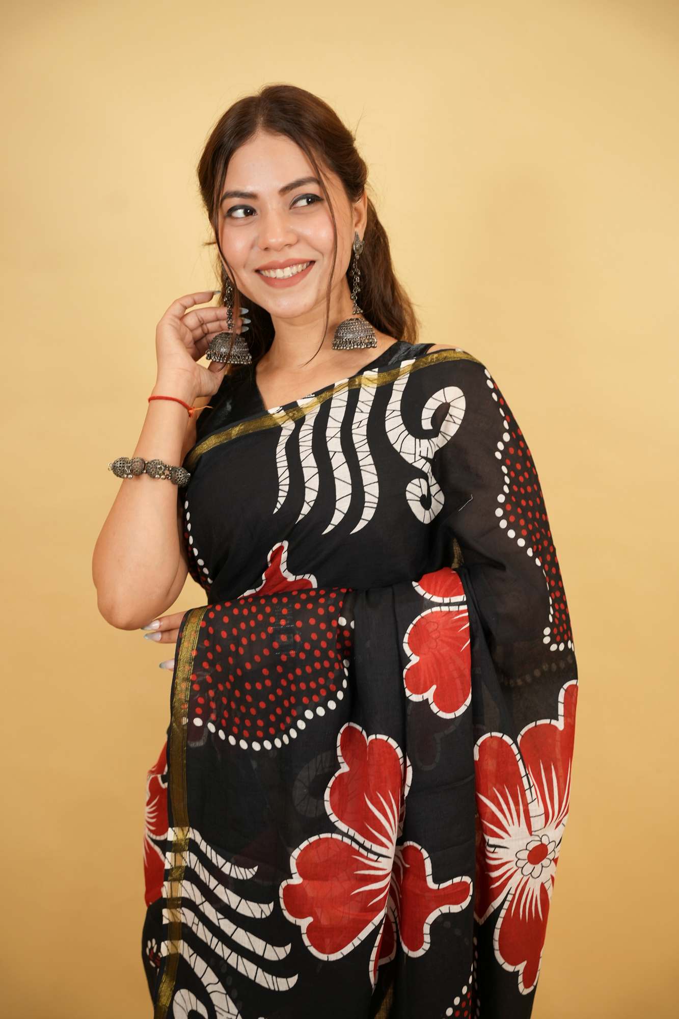 Cotton Batik Print in Black & Red with Floral Motifs Ready To Wear Saree