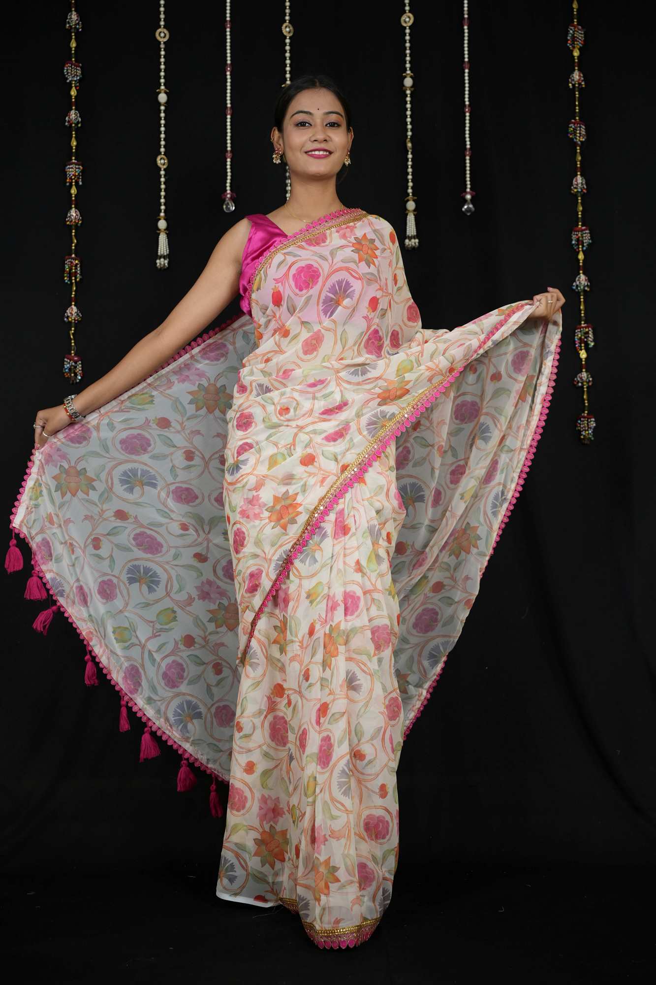 Chiffon with Floral Print and Lace Border in Off-White Ready To Wear Saree