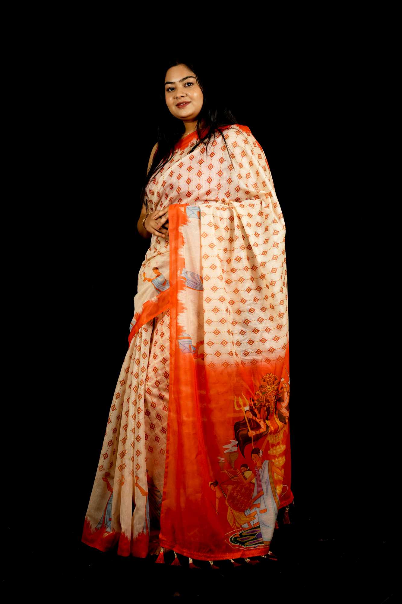 Beautiful White Printed With Orange Temple Border & Overall Picture Embroidery Wrap in 1 minute saree