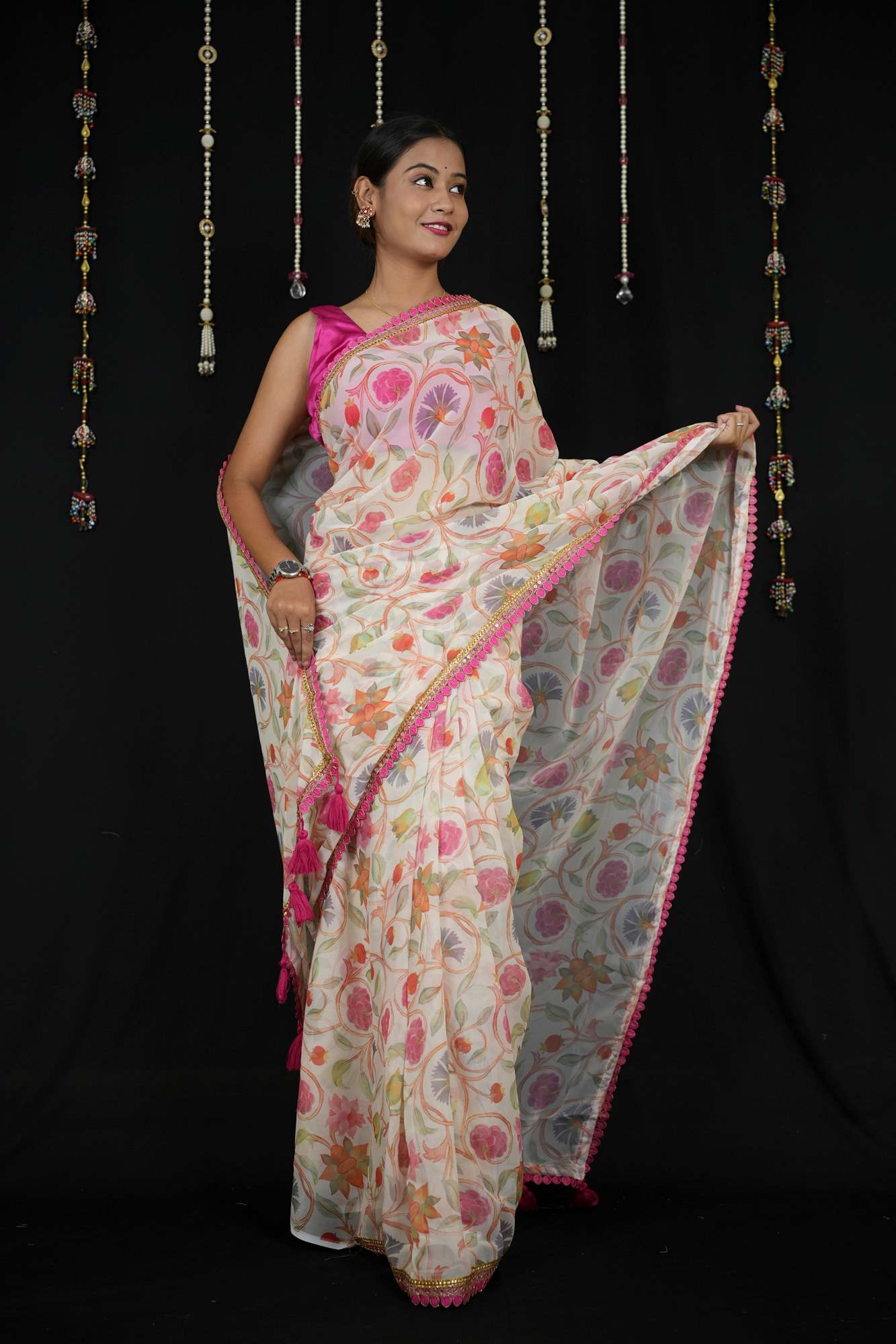 Chiffon with Floral Print and Lace Border in Off-White Ready To Wear Saree