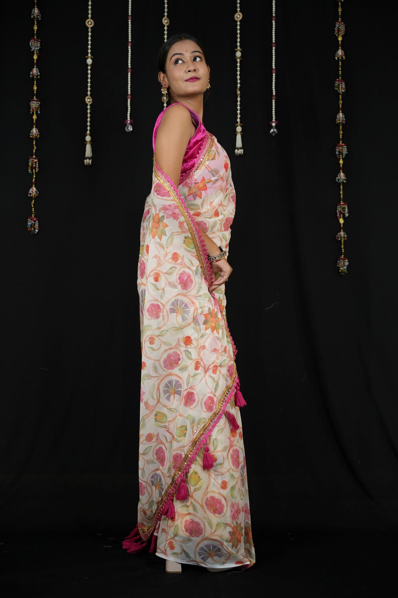 Chiffon with Floral Print and Lace Border in Off-White Ready To Wear Saree