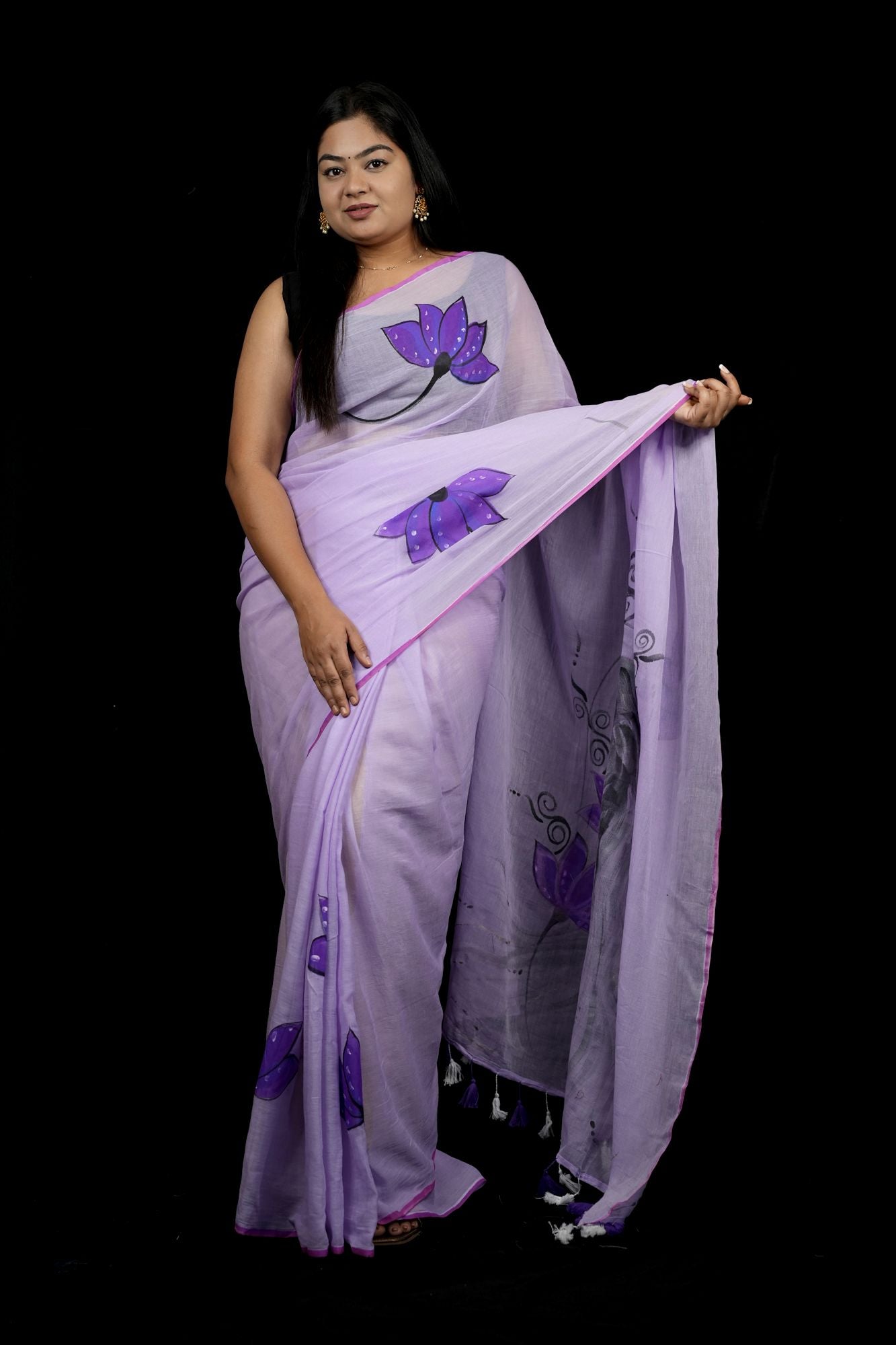 Hand-Painted women in her regal form Motif with Lotus Accents Ready To Wear Saree