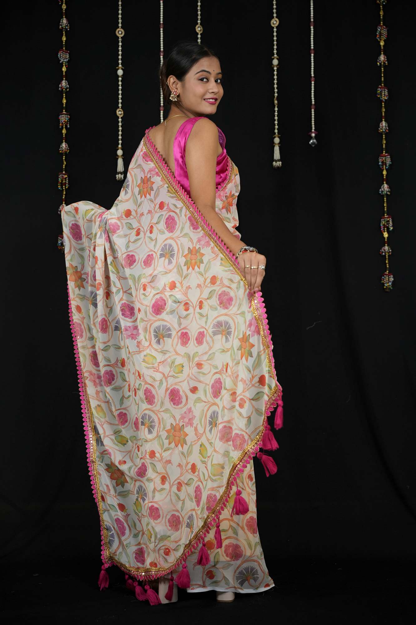 Chiffon with Floral Print and Lace Border in Off-White Ready To Wear Saree