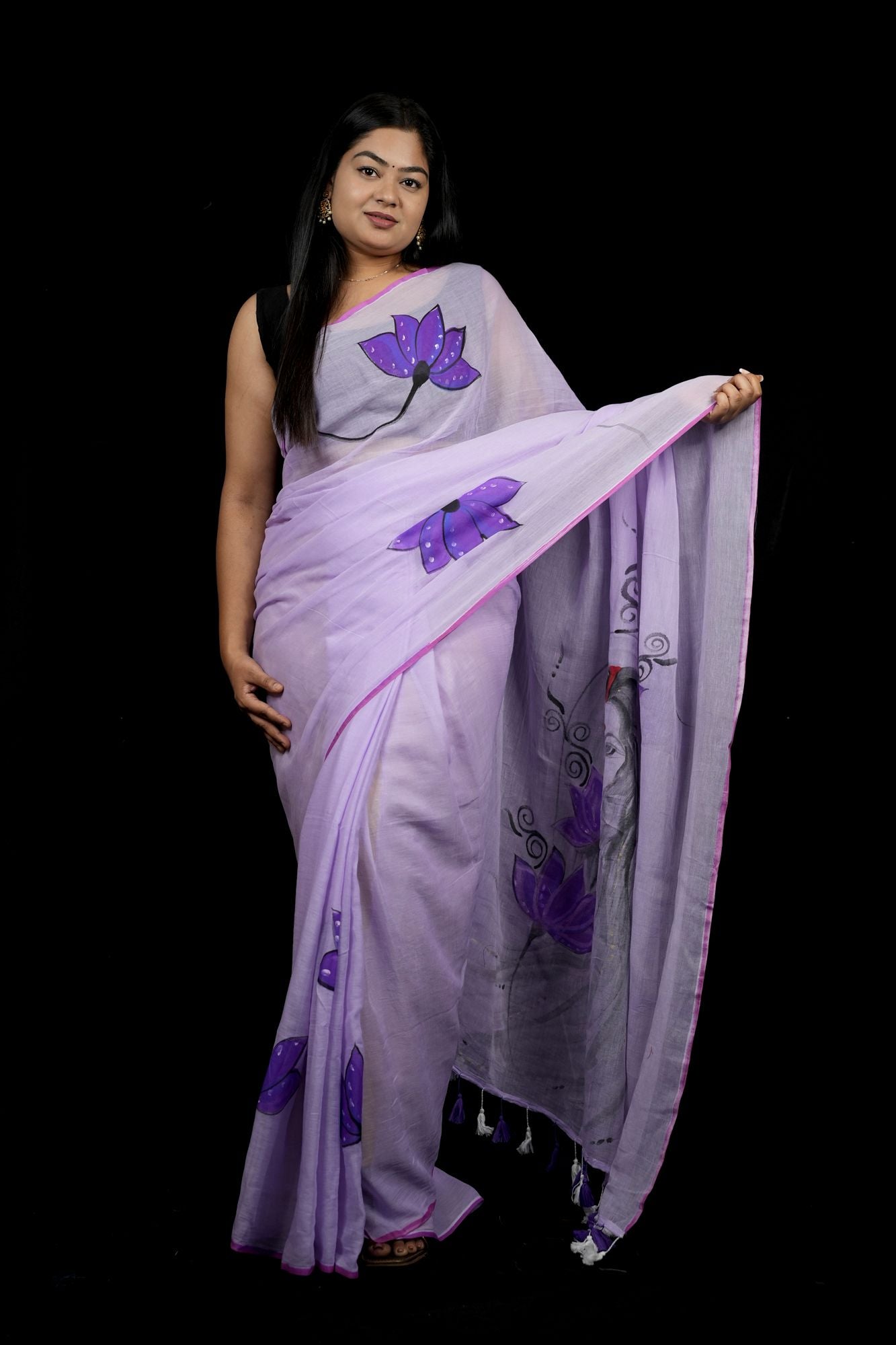 Hand-Painted women in her regal form Motif with Lotus Accents Ready To Wear Saree