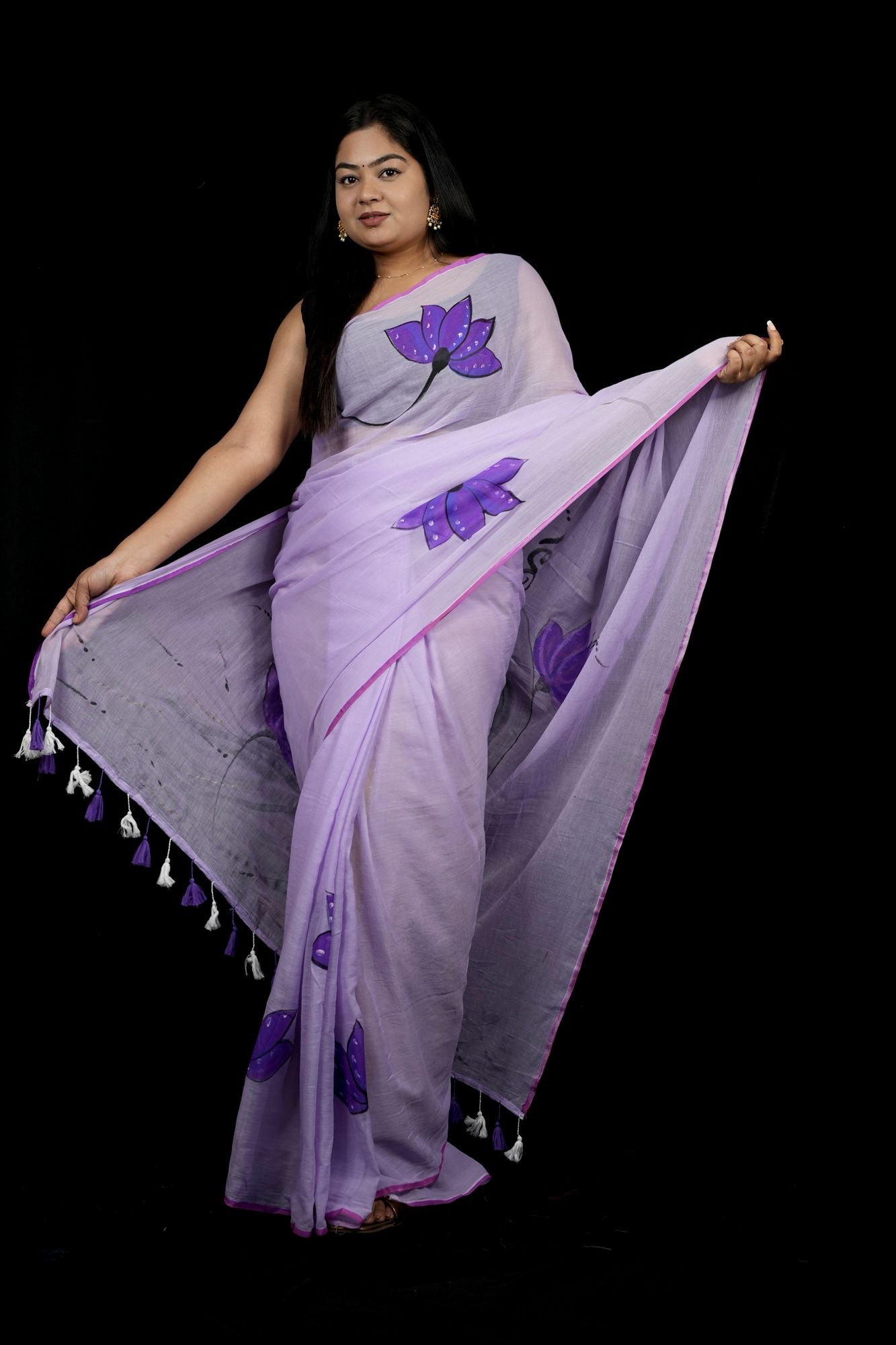 Hand-Painted women in her regal form Motif with Lotus Accents Ready To Wear Saree
