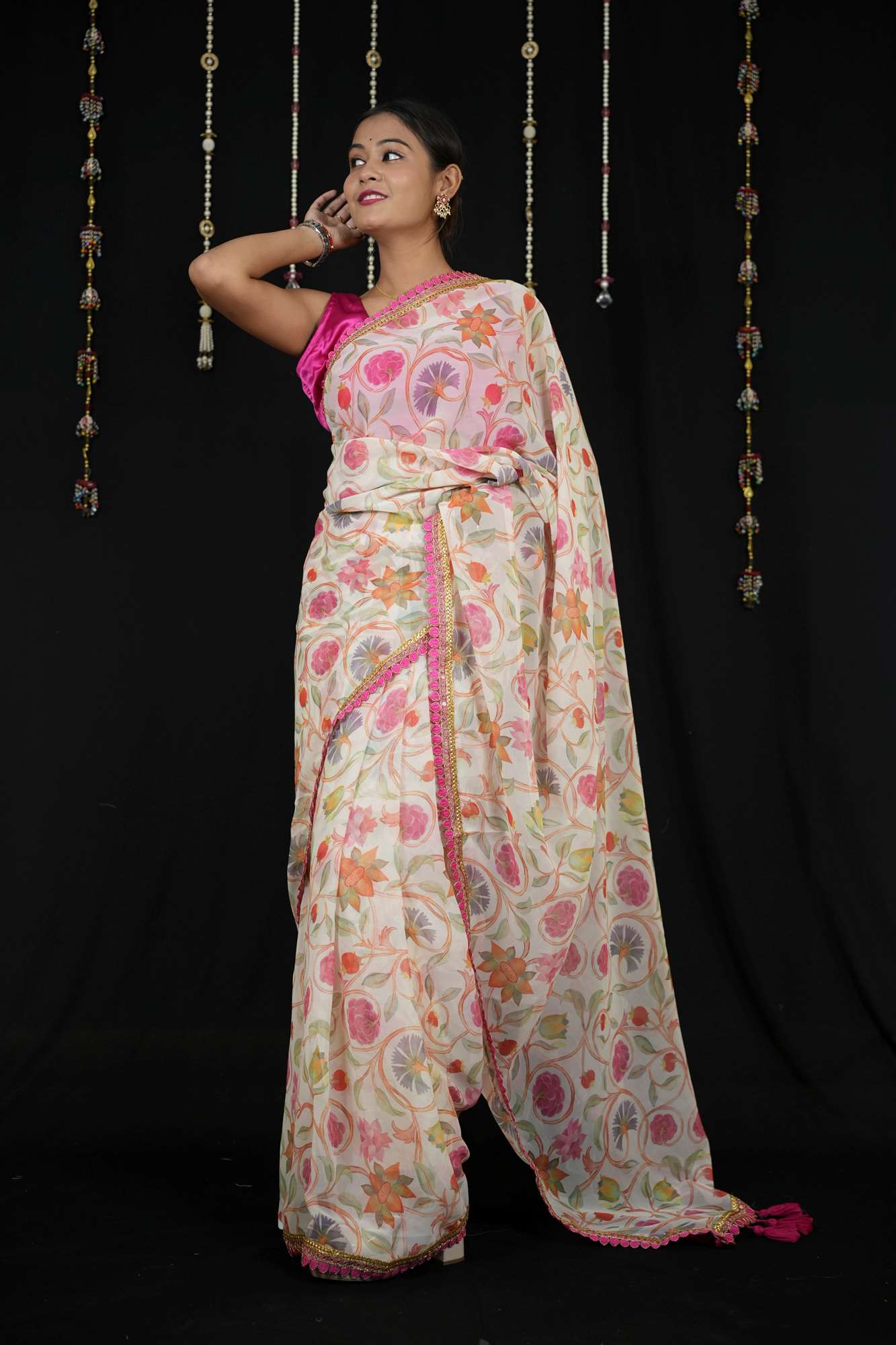Chiffon with Floral Print and Lace Border in Off-White Ready To Wear Saree