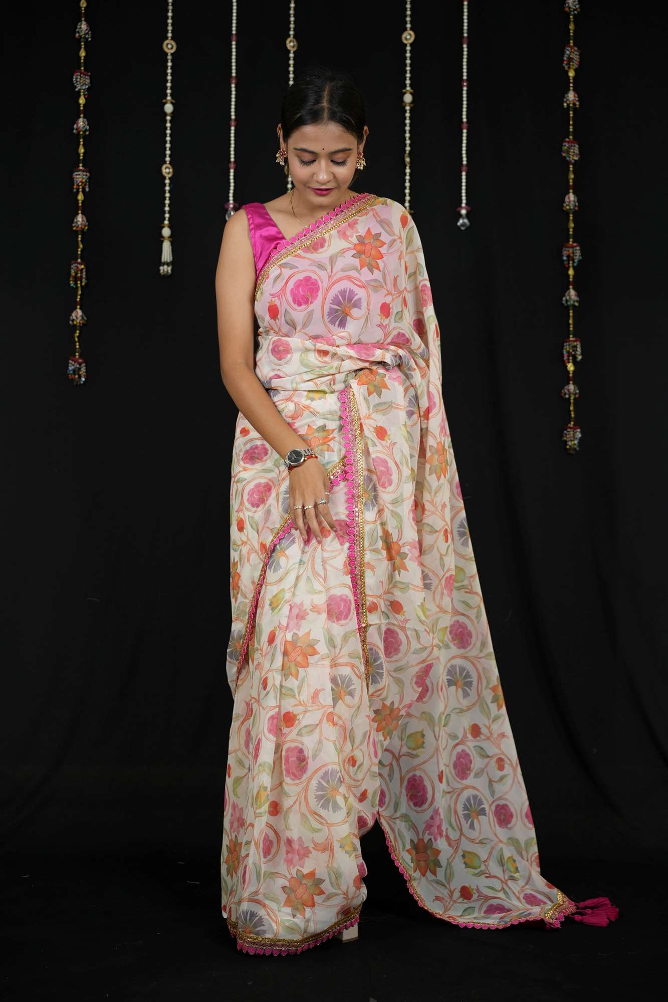 Chiffon with Floral Print and Lace Border in Off-White Ready To Wear Saree