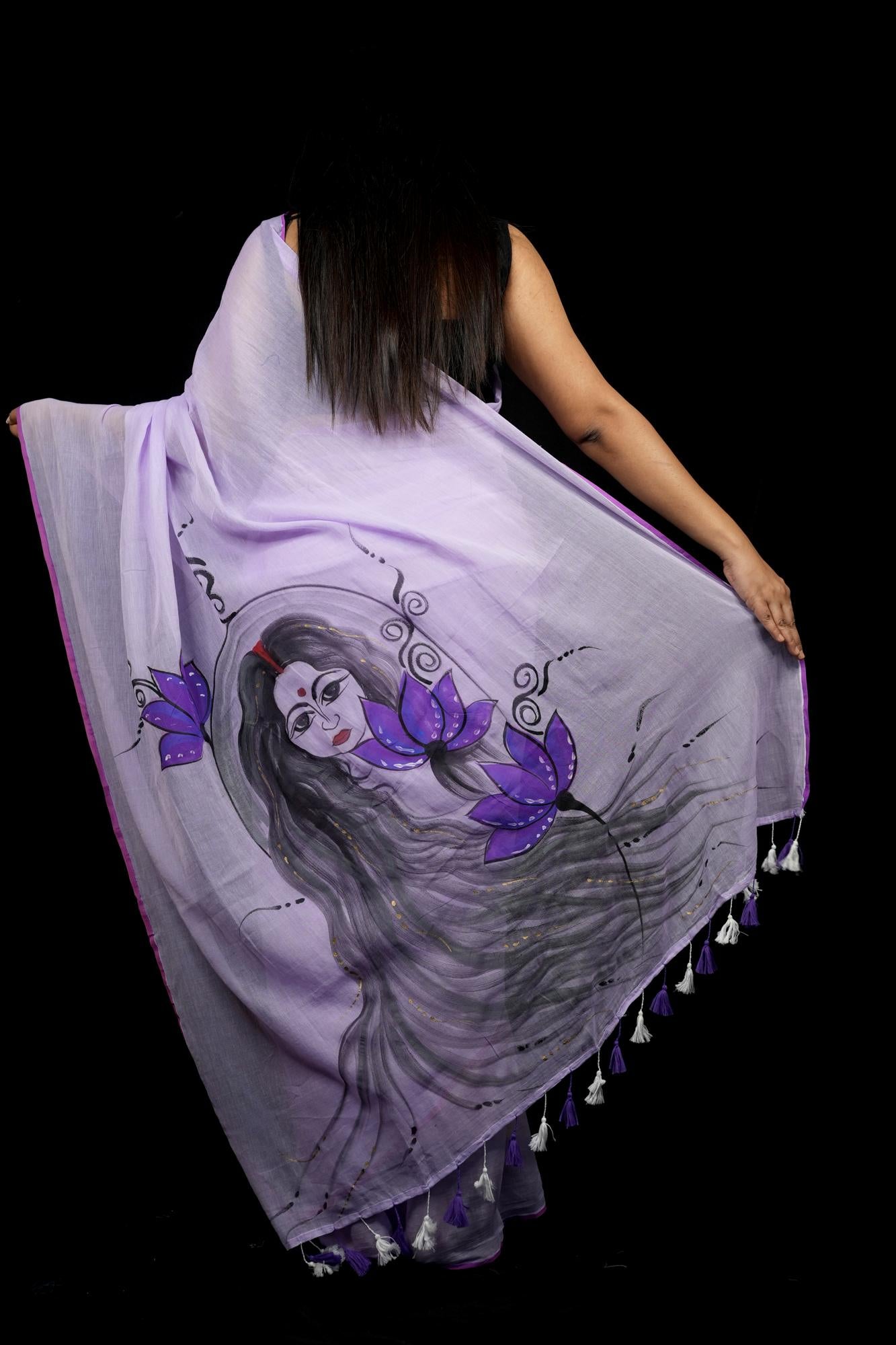 Hand-Painted women in her regal form Motif with Lotus Accents Ready To Wear Saree