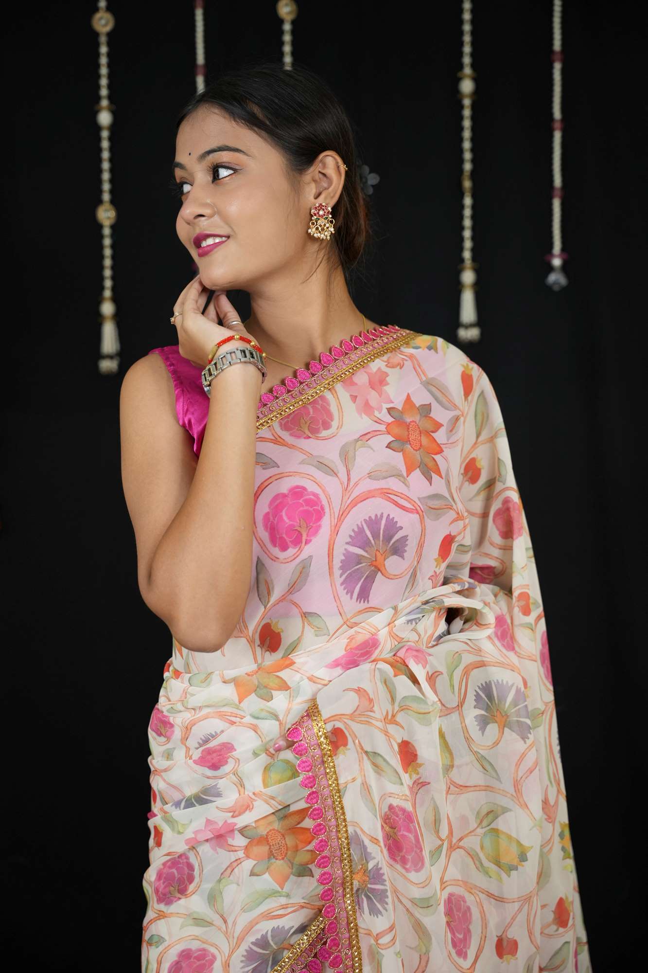 Chiffon with Floral Print and Lace Border in Off-White Ready To Wear Saree