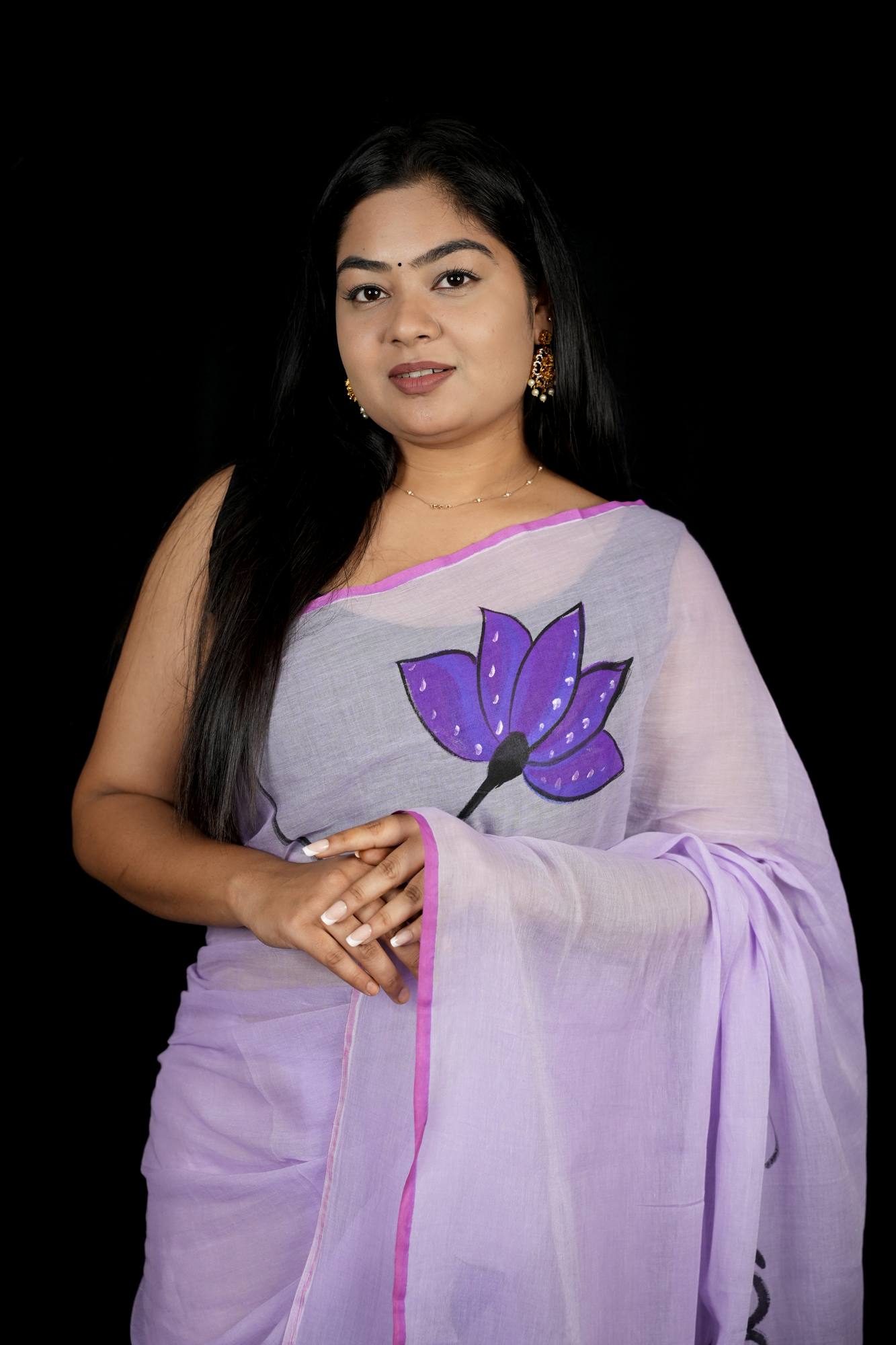 Hand-Painted women in her regal form Motif with Lotus Accents Ready To Wear Saree