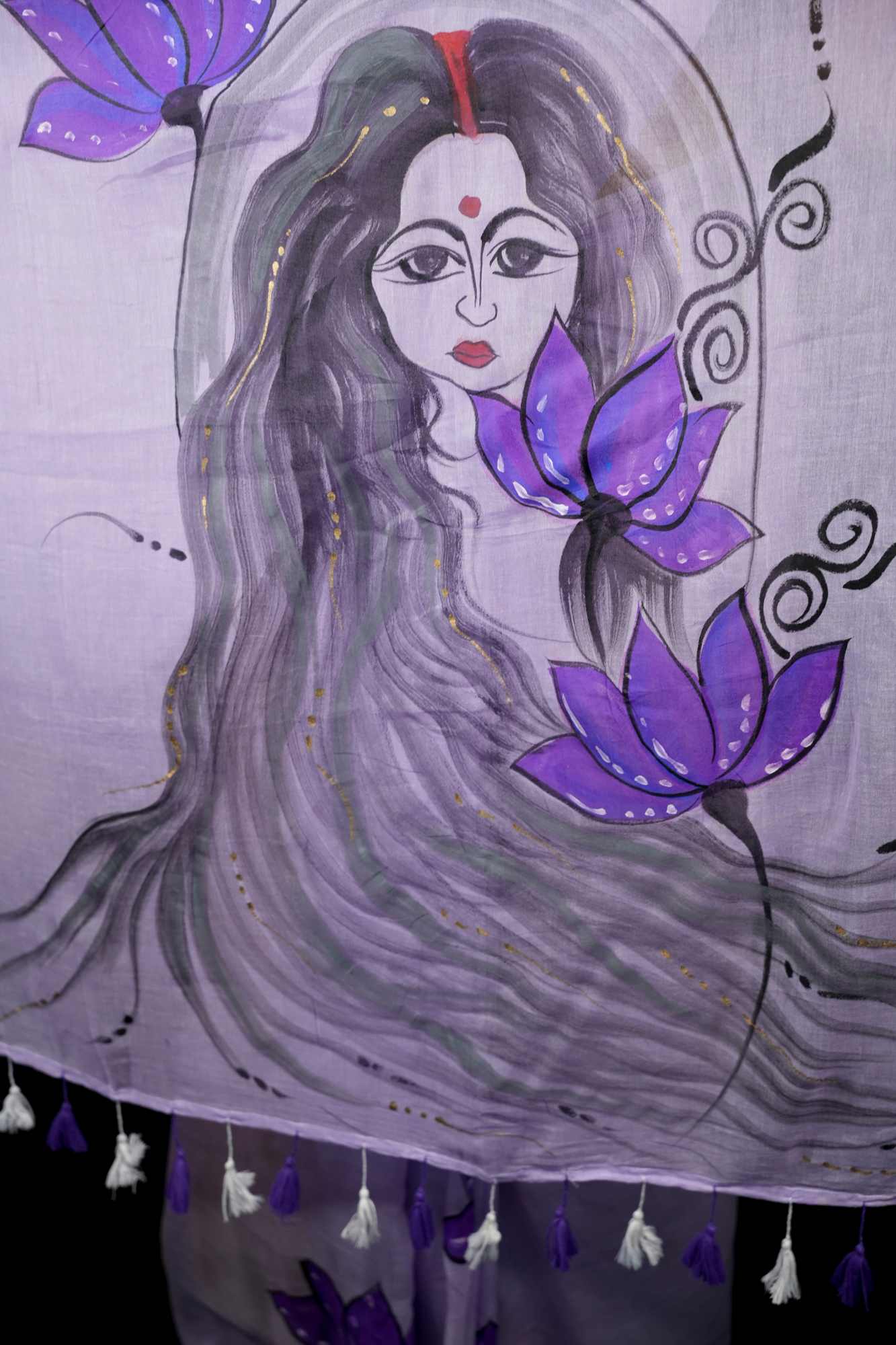 Hand-Painted women in her regal form Motif with Lotus Accents Ready To Wear Saree