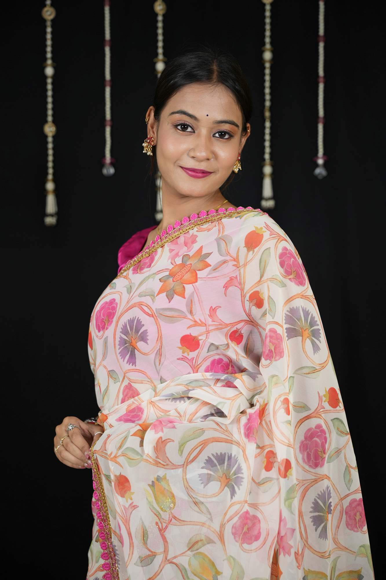 Chiffon with Floral Print and Lace Border in Off-White Ready To Wear Saree