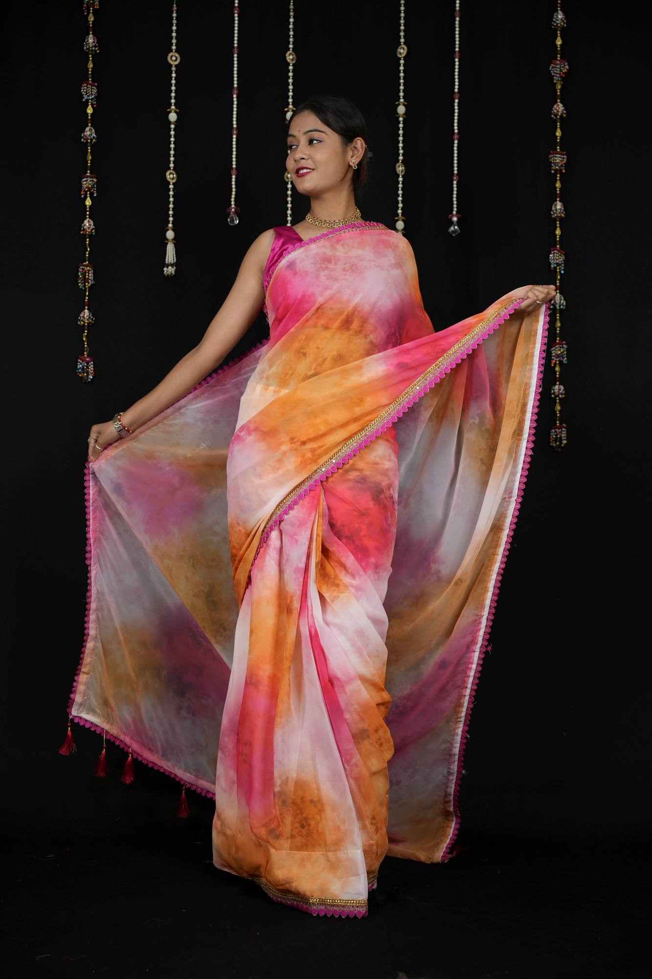 Georgette Tie-Dye in Pink, Orange, and White with Tassels Ready To Wear Saree