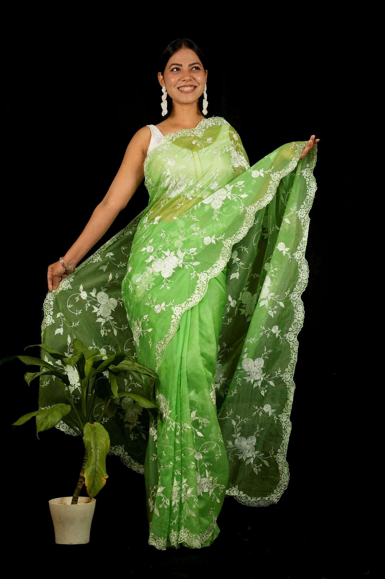 Organza Silk Prestitched Saree with White Thread Embroidery and Scalloped Lace Border Ready to wear Saree