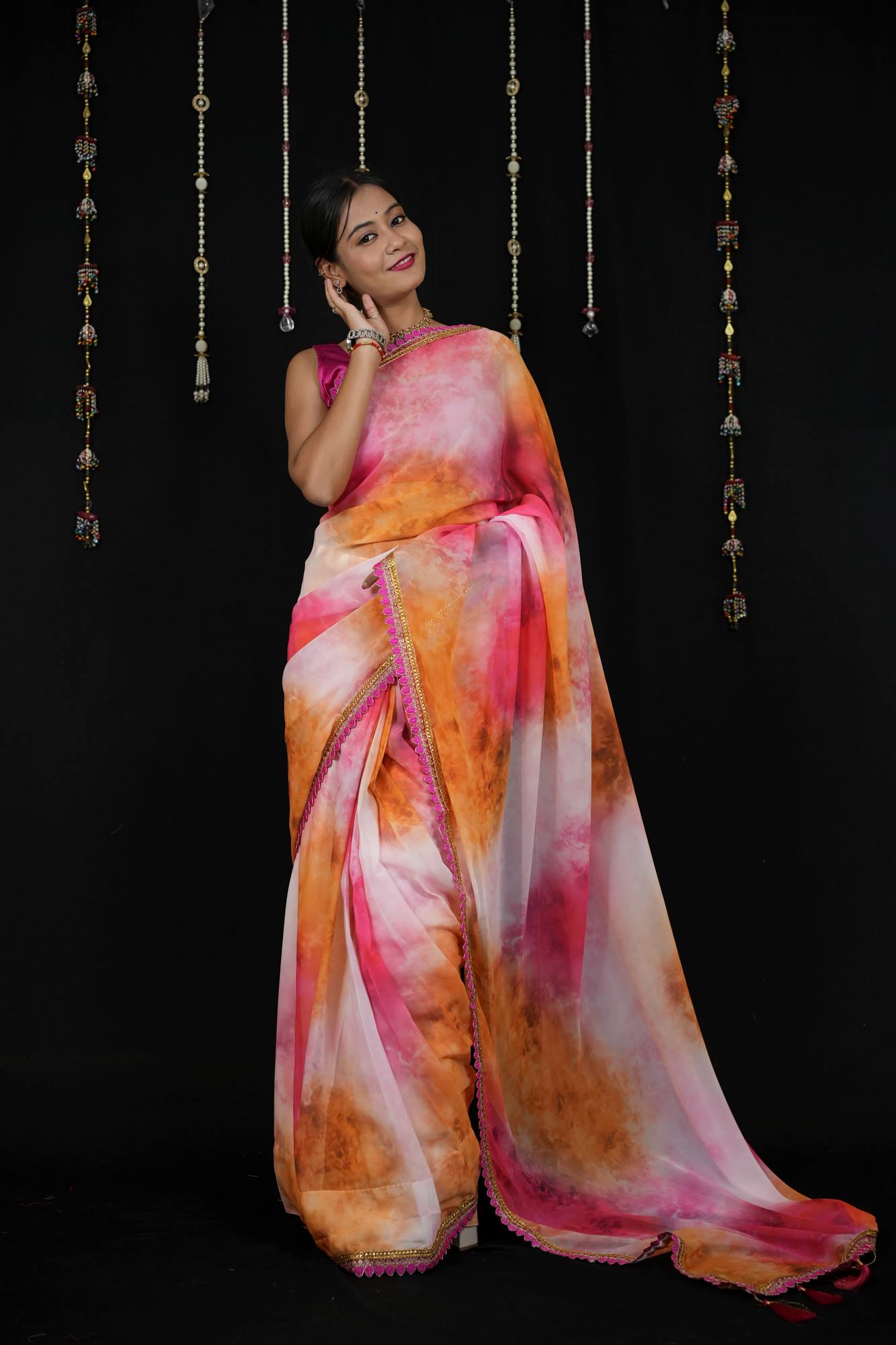 Georgette Tie-Dye in Pink, Orange, and White with Tassels Ready To Wear Saree