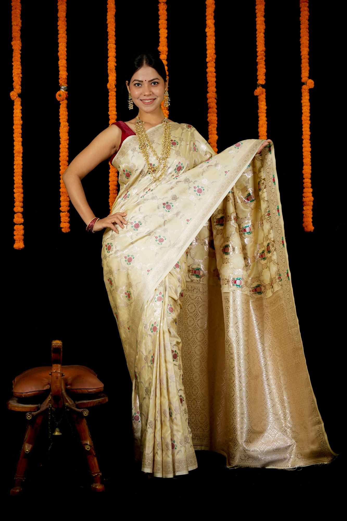 Mashru Silk with Intricate Zari Weave and Floral Motifs Ready To Wear Saree