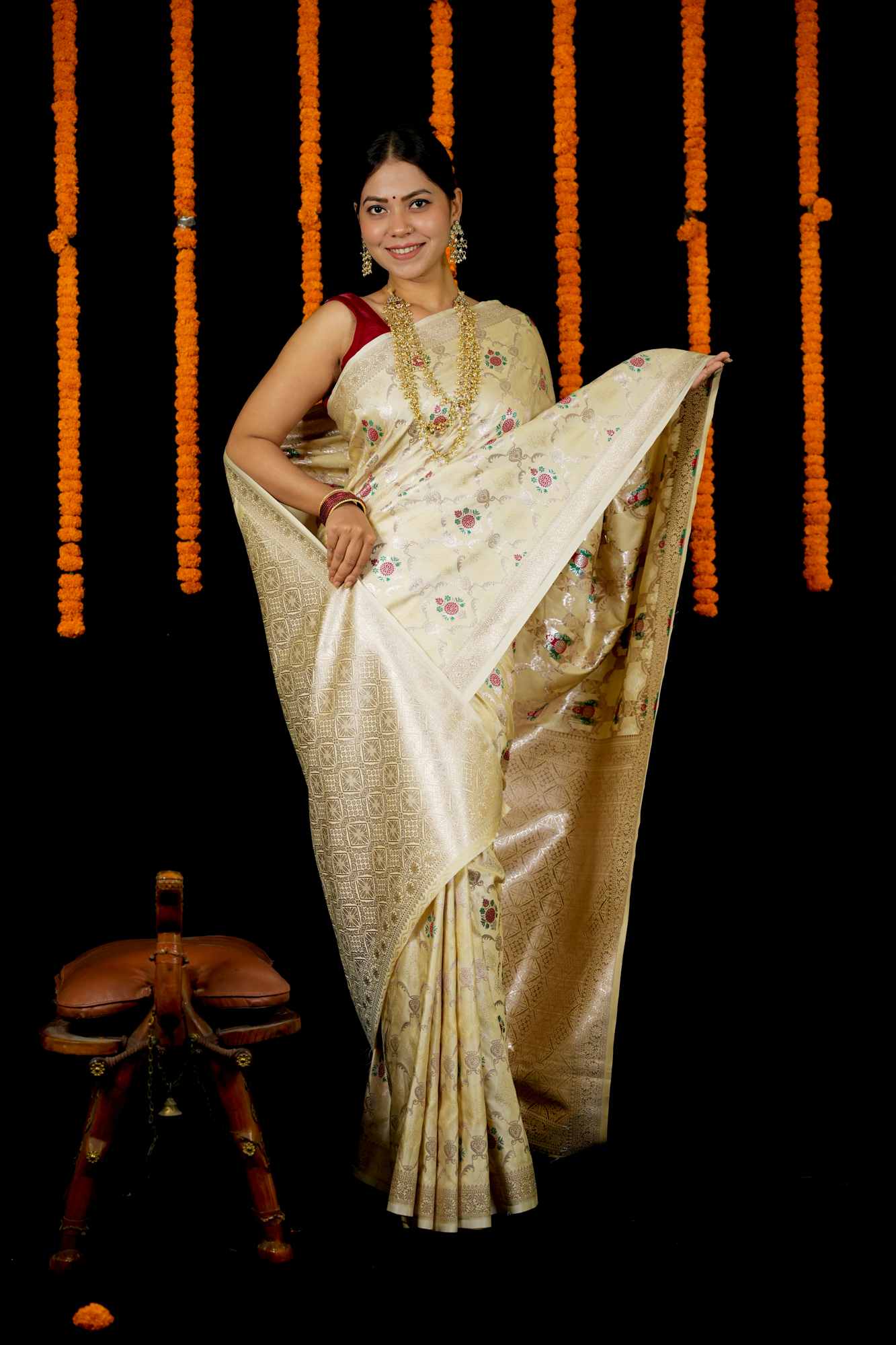 Mashru Silk with Intricate Zari Weave and Floral Motifs Ready To Wear Saree