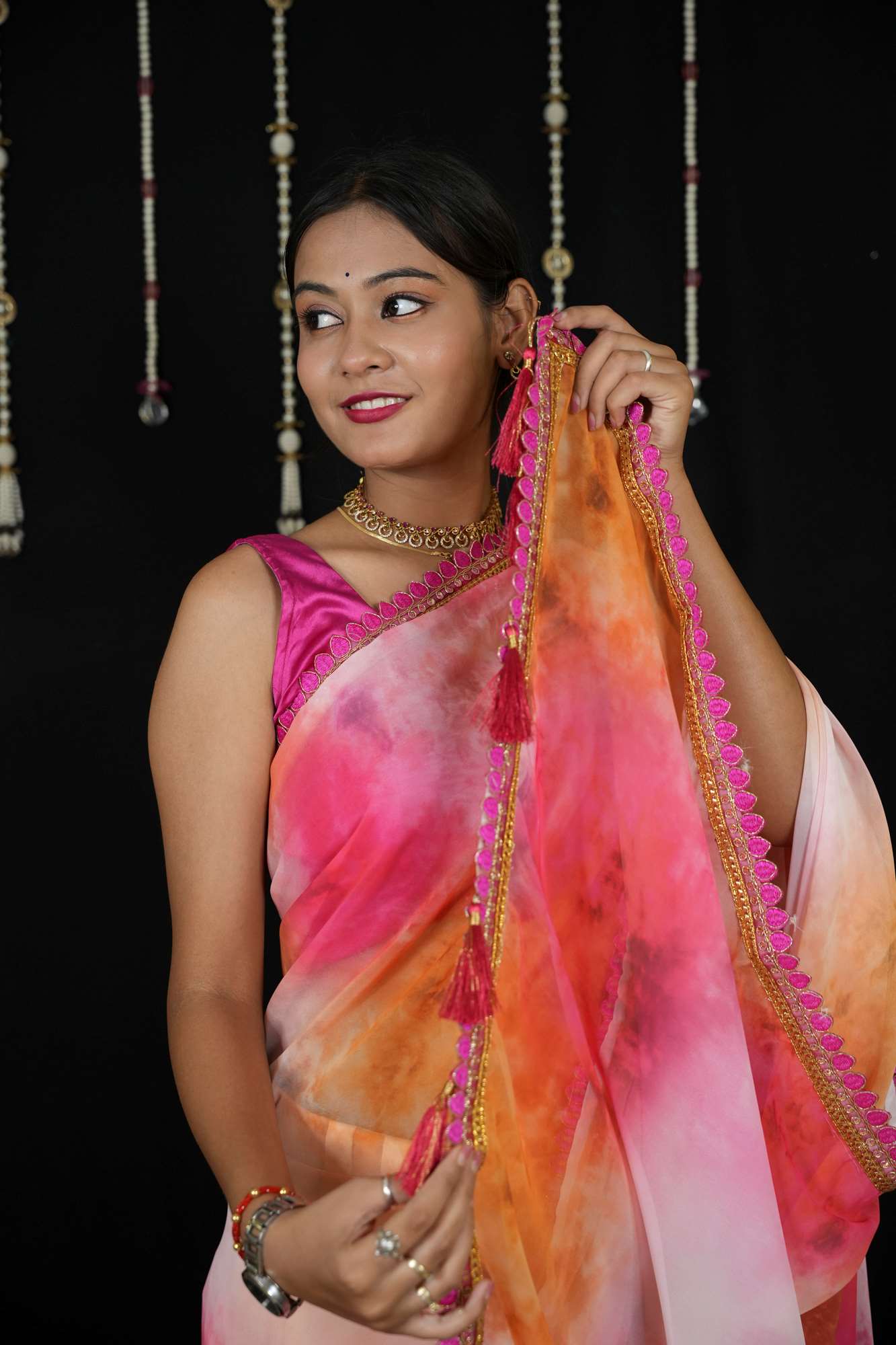Georgette Tie-Dye in Pink, Orange, and White with Tassels Ready To Wear Saree