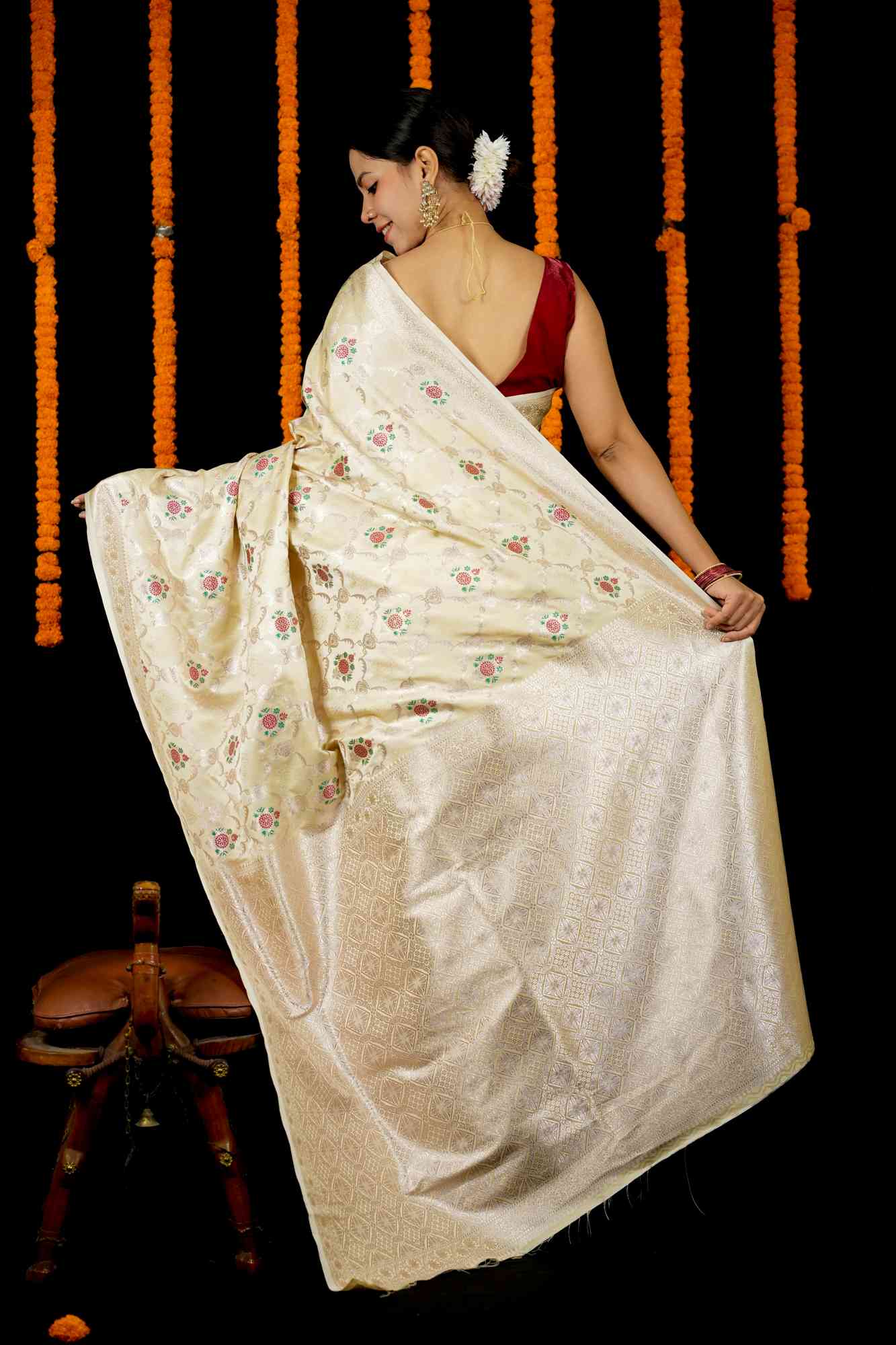 Mashru Silk with Intricate Zari Weave and Floral Motifs Ready To Wear Saree