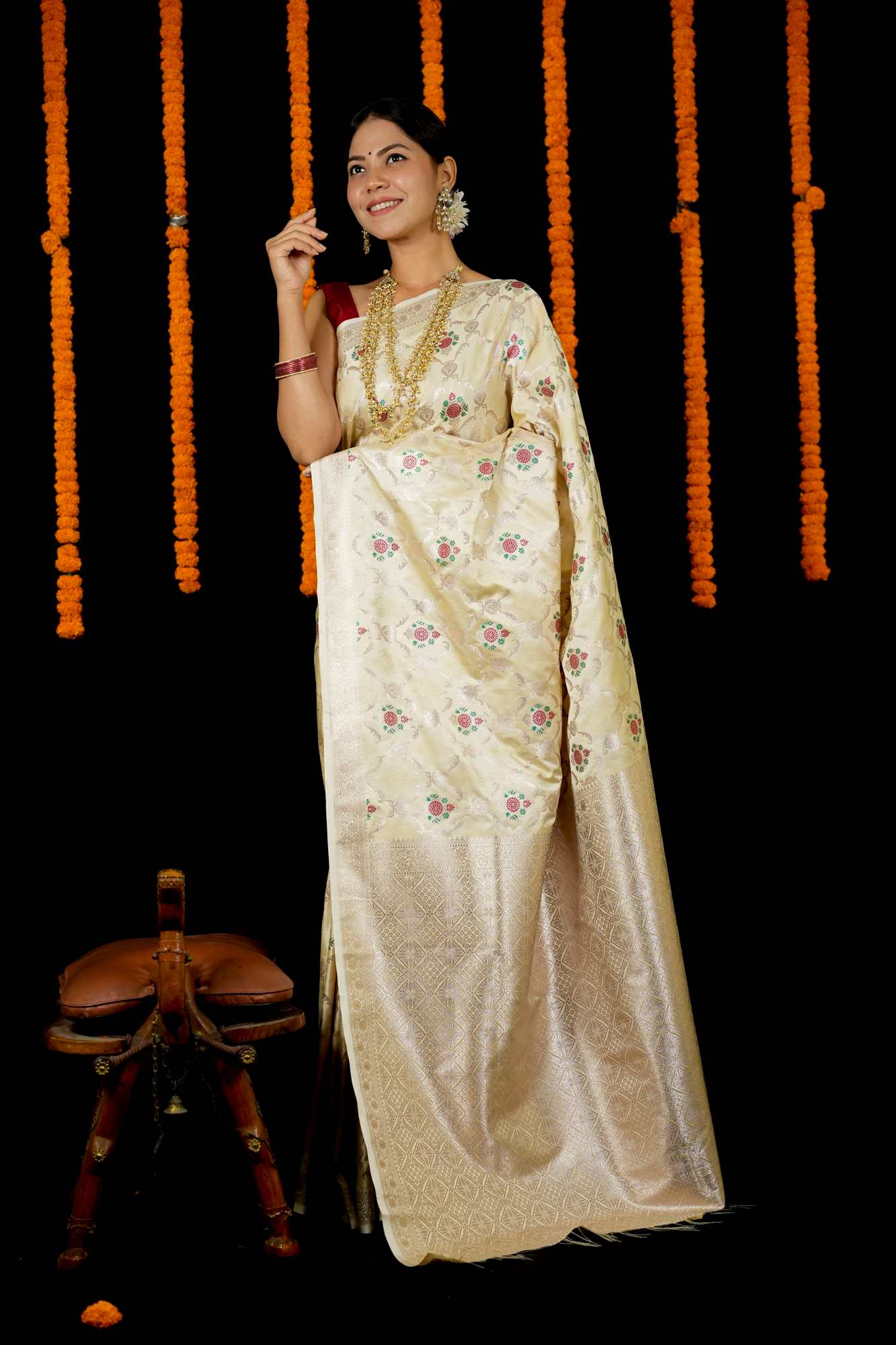 Mashru Silk with Intricate Zari Weave and Floral Motifs Ready To Wear Saree