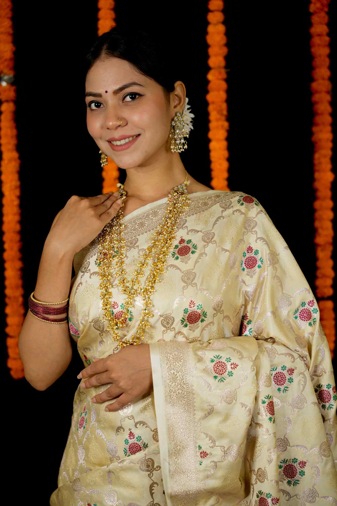 Mashru Silk with Intricate Zari Weave and Floral Motifs Ready To Wear Saree