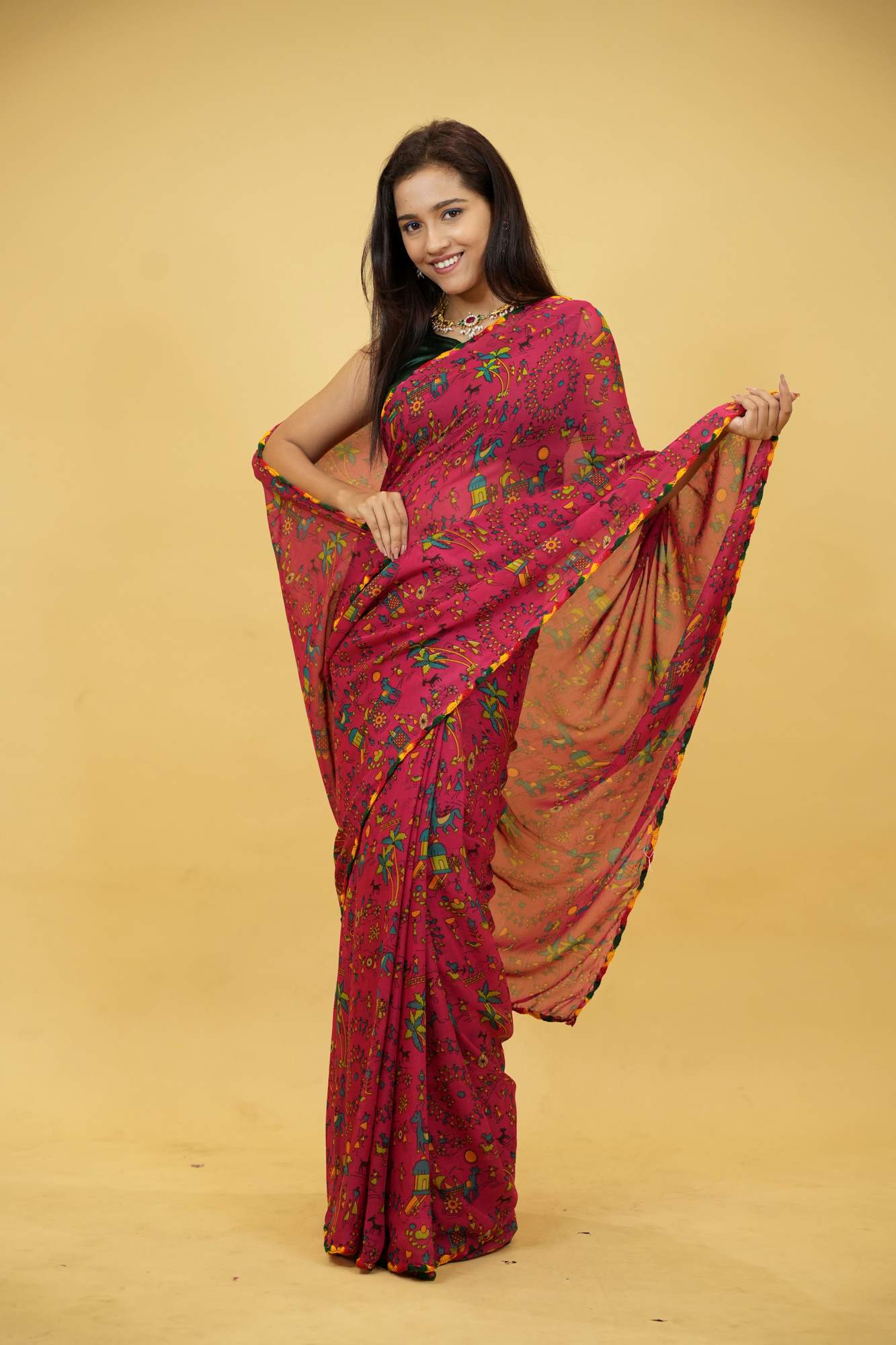 Georgette with Rajasthani Folk Motifs Ready To Wear Saree