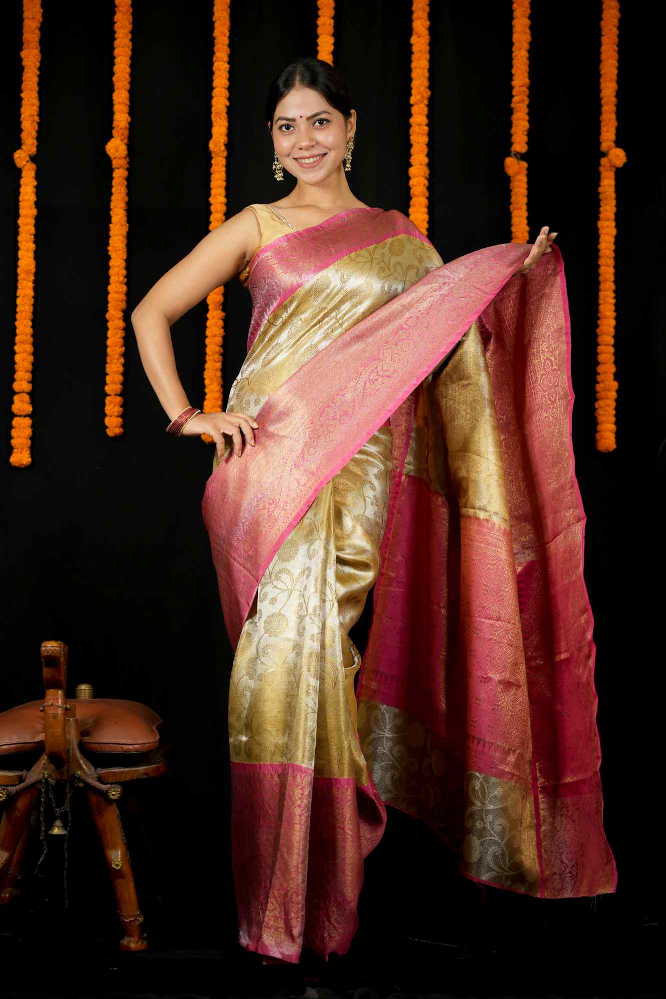 Soft Tissue Silk ready to wear Saree in contrast pallu with Intricate Zari Weave