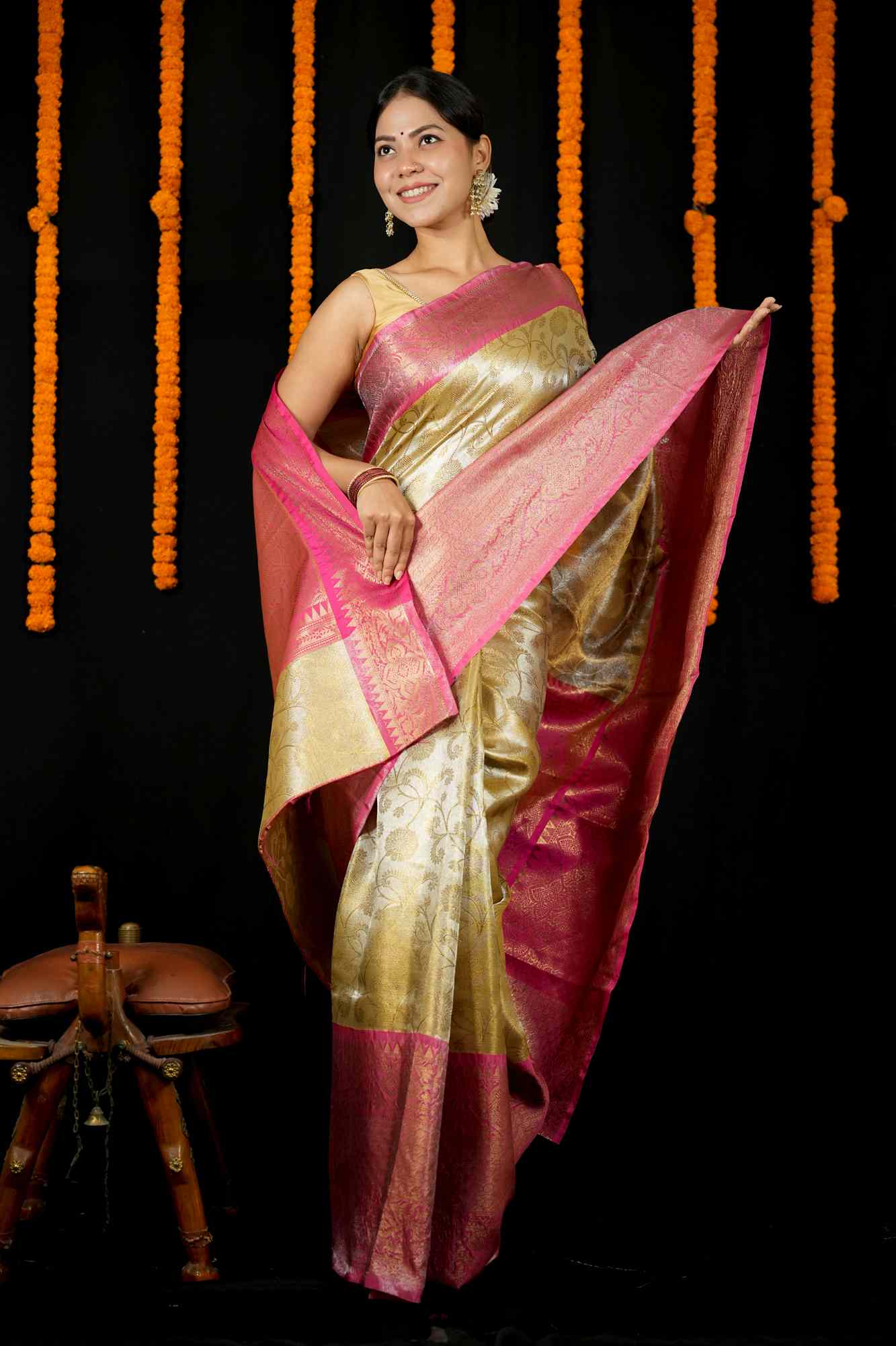 Soft Tissue Silk ready to wear Saree in contrast pallu with Intricate Zari Weave