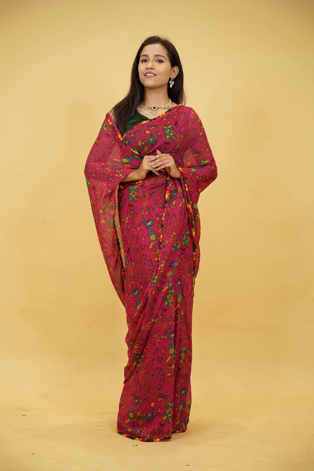 Georgette with Rajasthani Folk Motifs Ready To Wear Saree