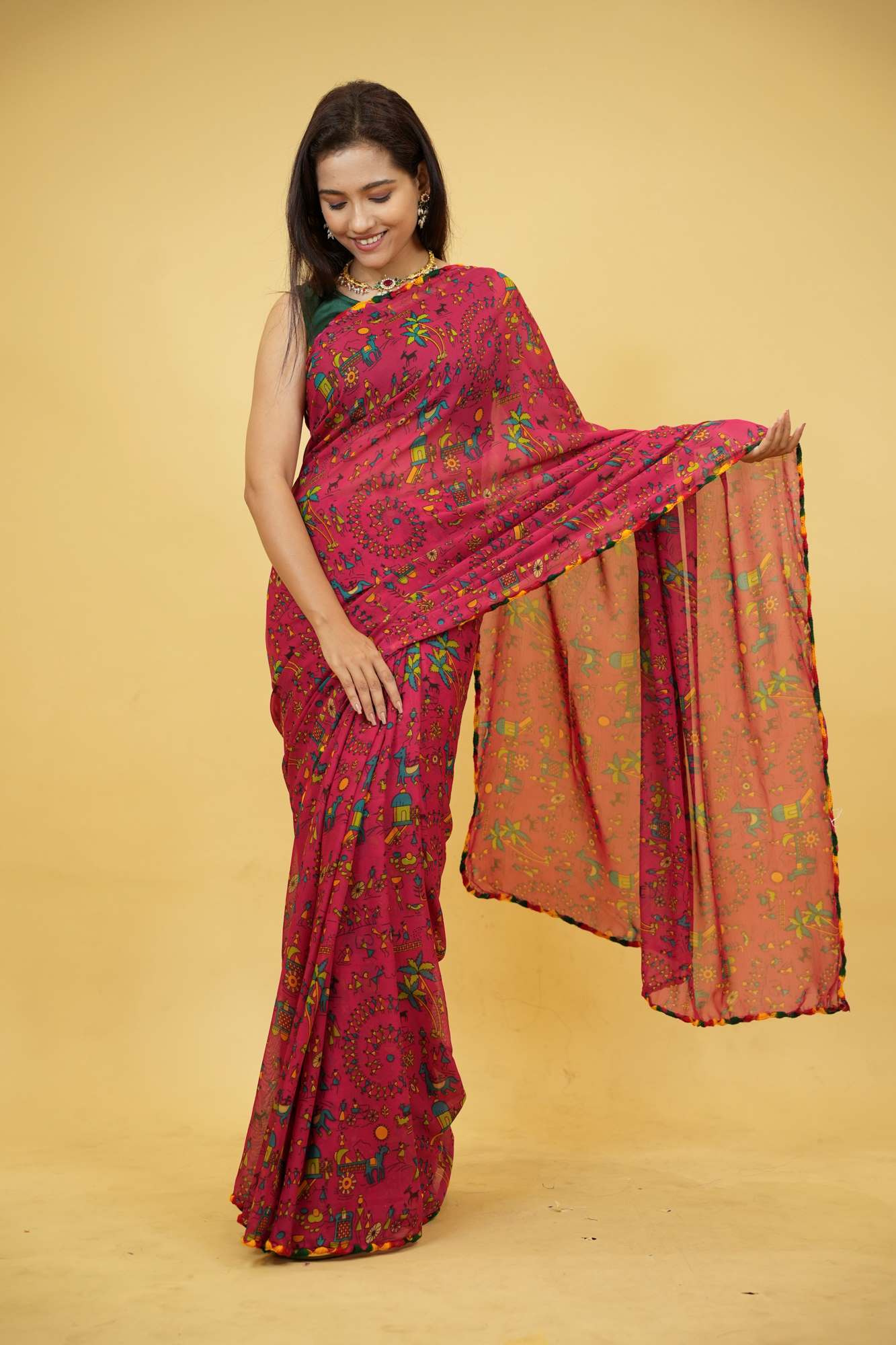 Georgette with Rajasthani Folk Motifs Ready To Wear Saree