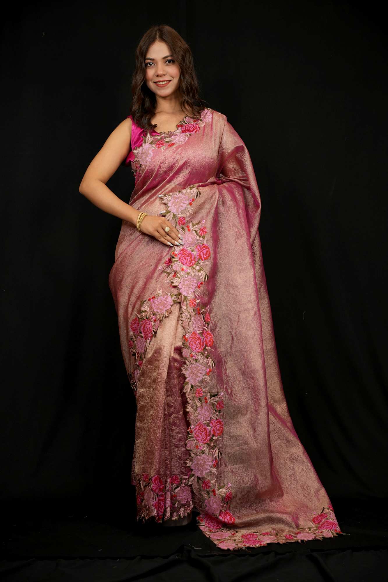 Banarasi crinkle tissue silk Zari Weave Embroidery Border Pallu Ready To Wear Saree