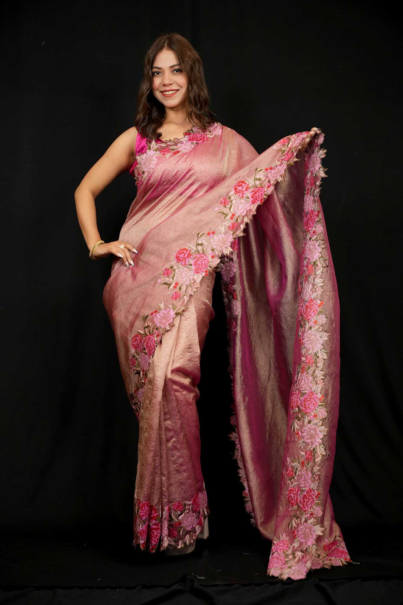 Banarasi crinkle tissue silk Zari Weave Embroidery Border Pallu Ready To Wear Saree