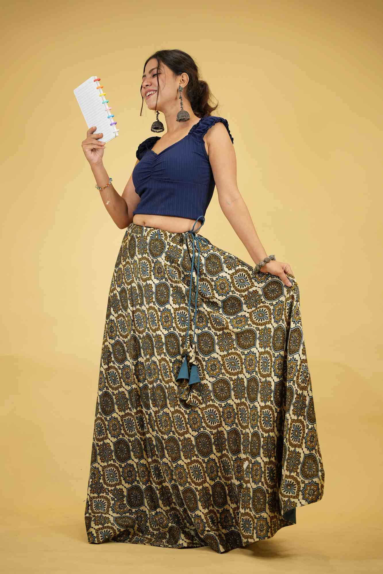 Bohemian Block Print Mashru Silk with Lining Flared Skirt