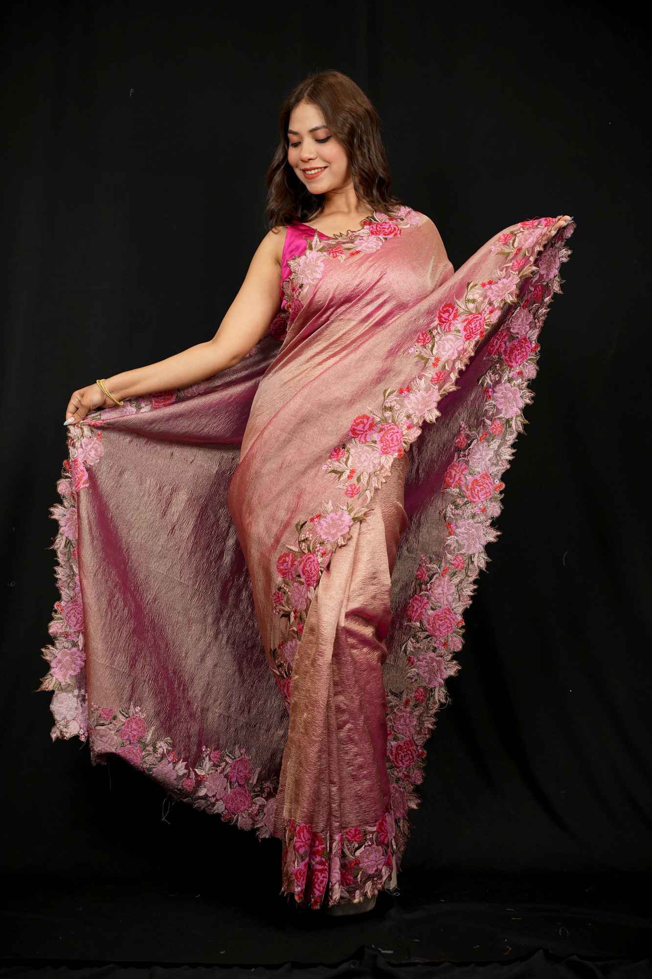 Banarasi crinkle tissue silk Zari Weave Embroidery Border Pallu Ready To Wear Saree