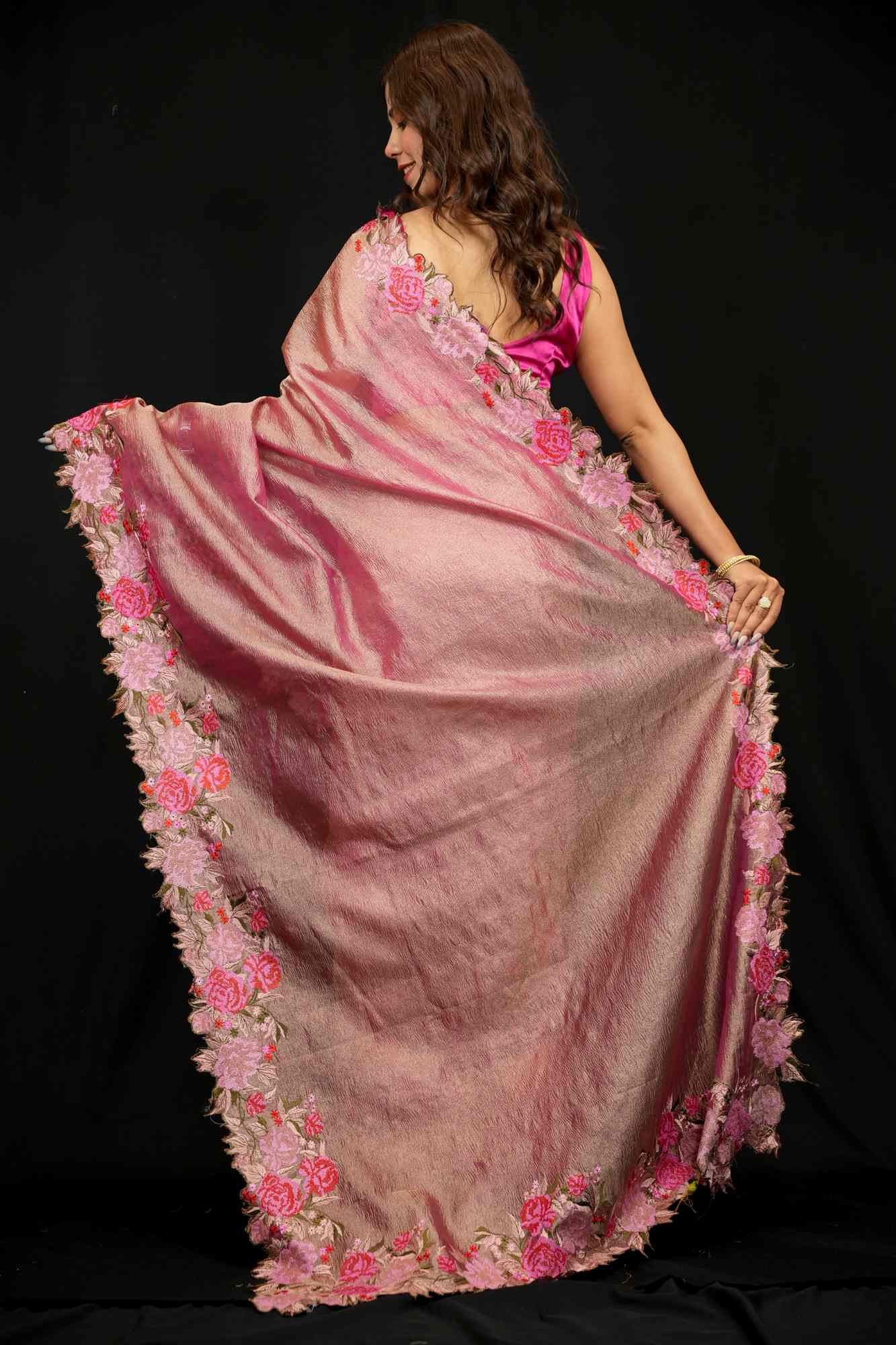 Banarasi crinkle tissue silk Zari Weave Embroidery Border Pallu Ready To Wear Saree