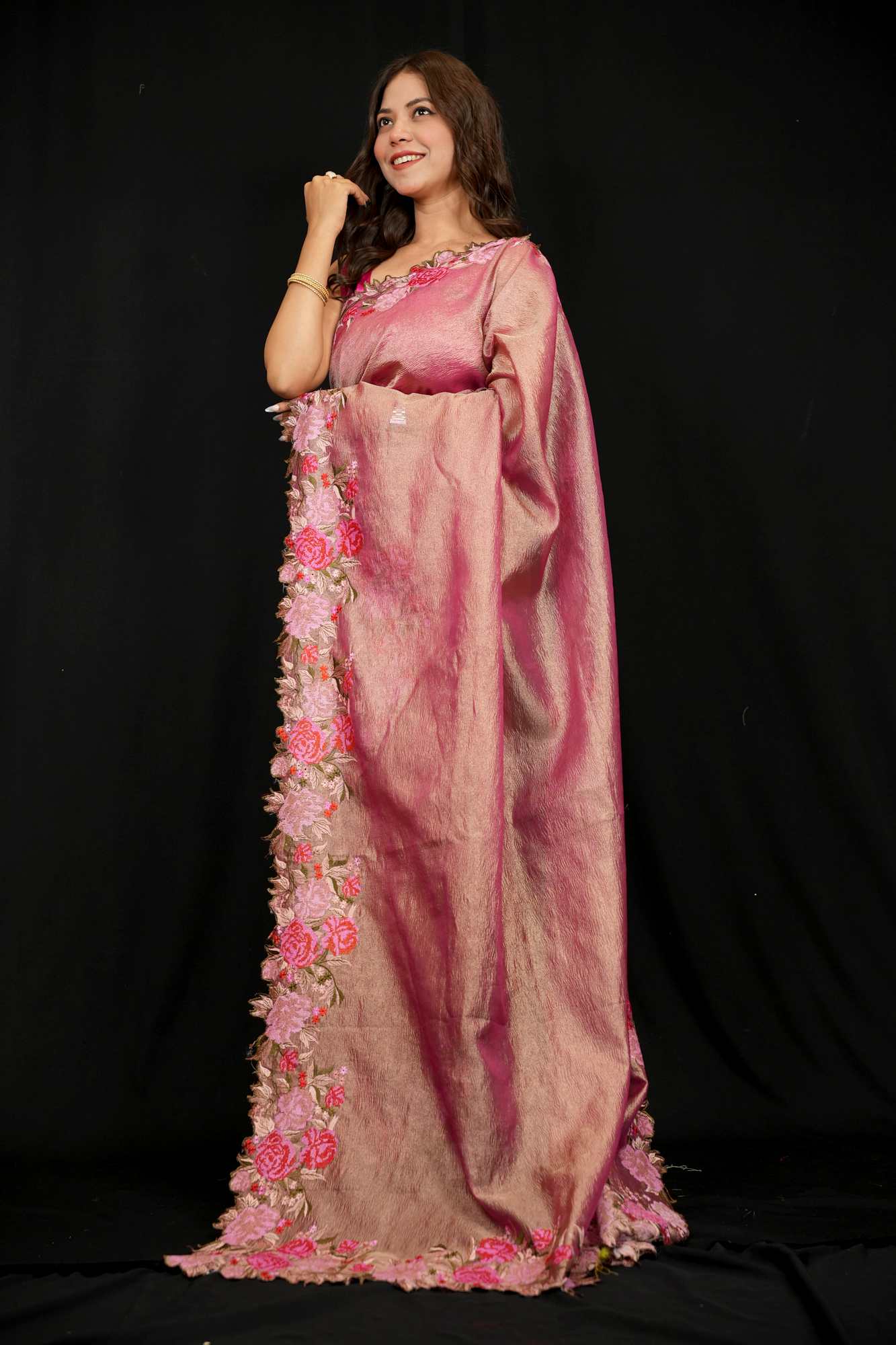 Banarasi crinkle tissue silk Zari Weave Embroidery Border Pallu Ready To Wear Saree