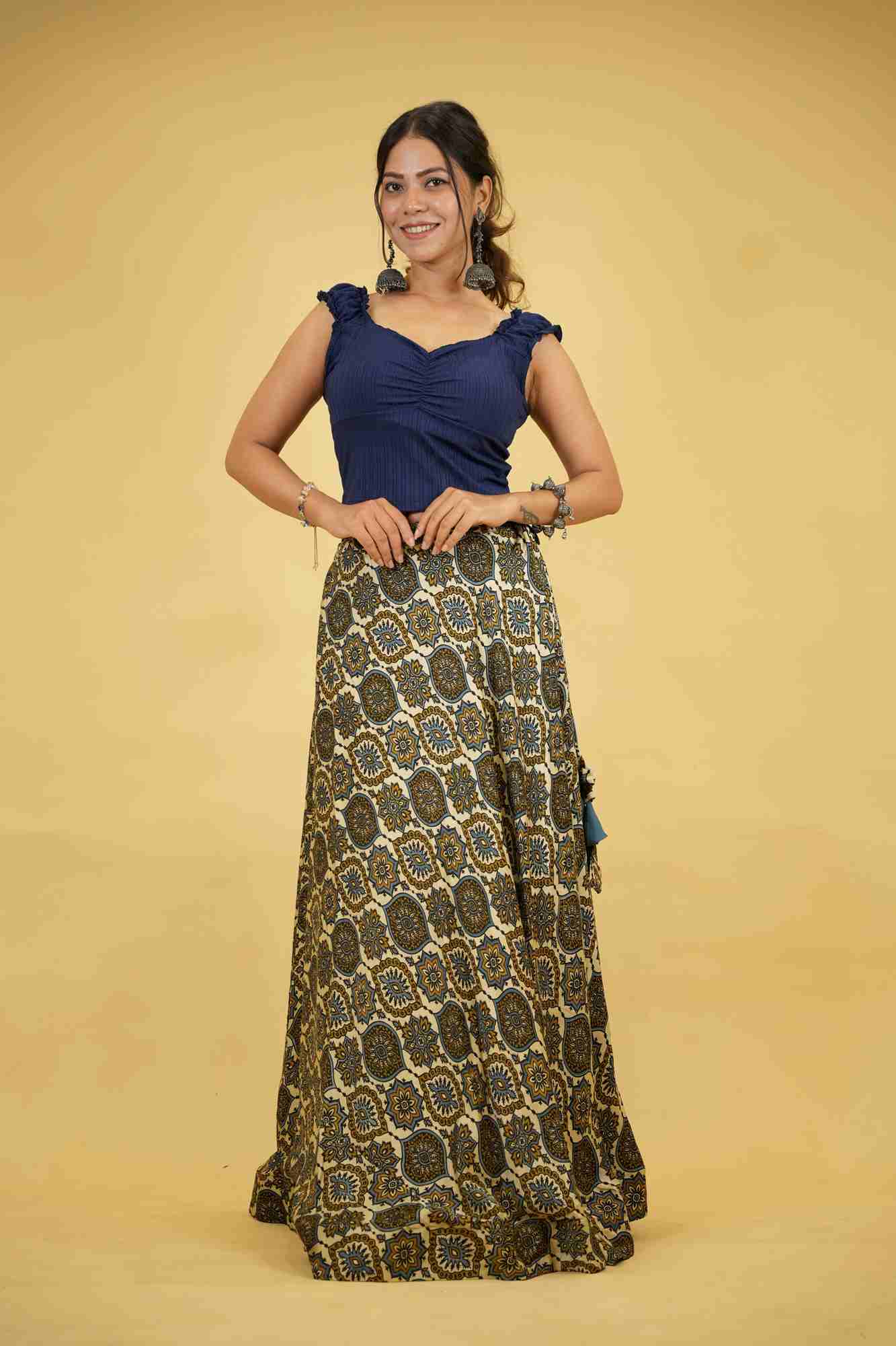 Bohemian Block Print Mashru Silk with Lining Flared Skirt